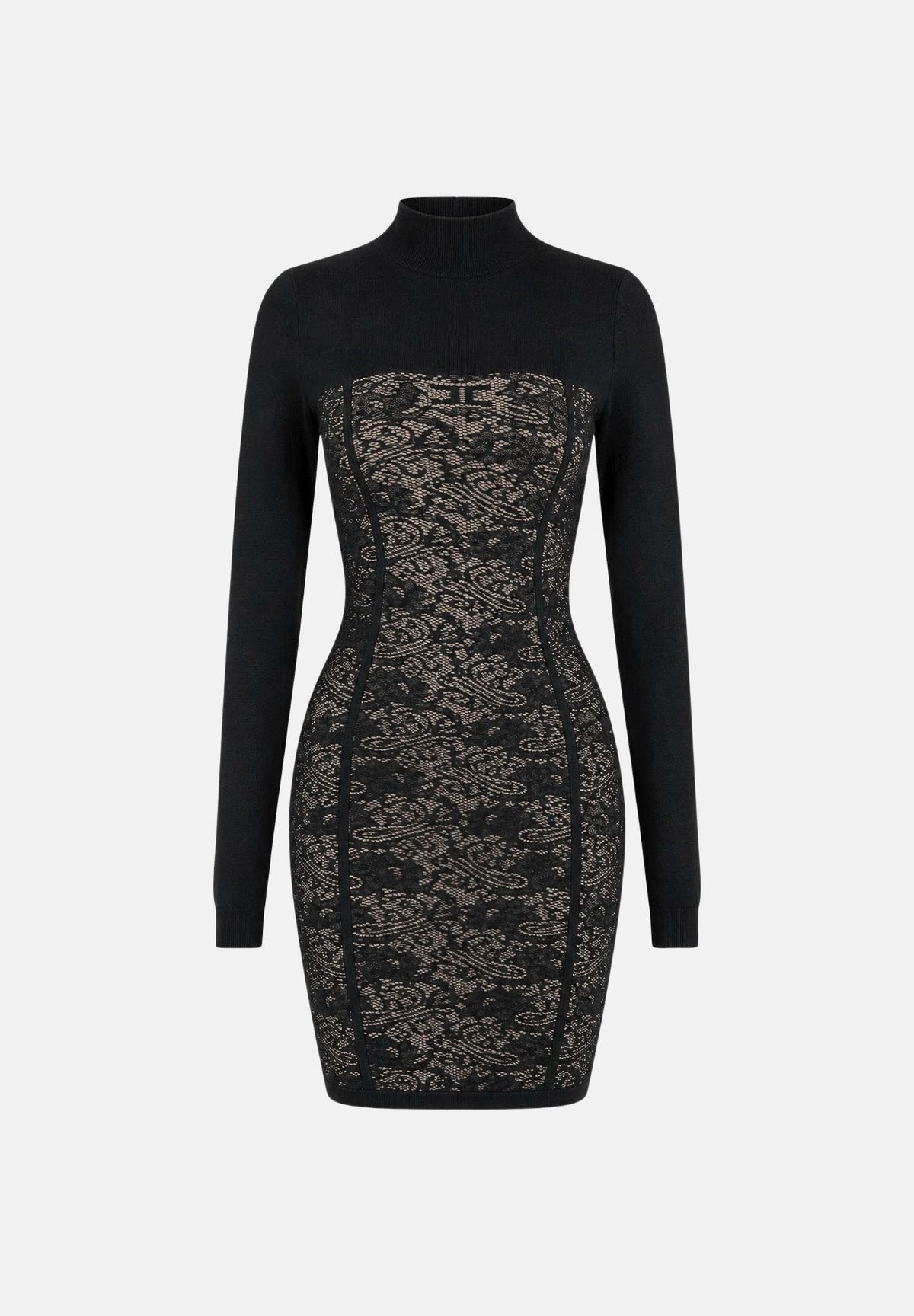 ELISABETTA FRANCHI Abito JACQUARD in maglia nero-pelle da donna con motivo floreale e dettagli semitrasparenti AM27Q66E2 FR9 ELISABETTA FRANCHI