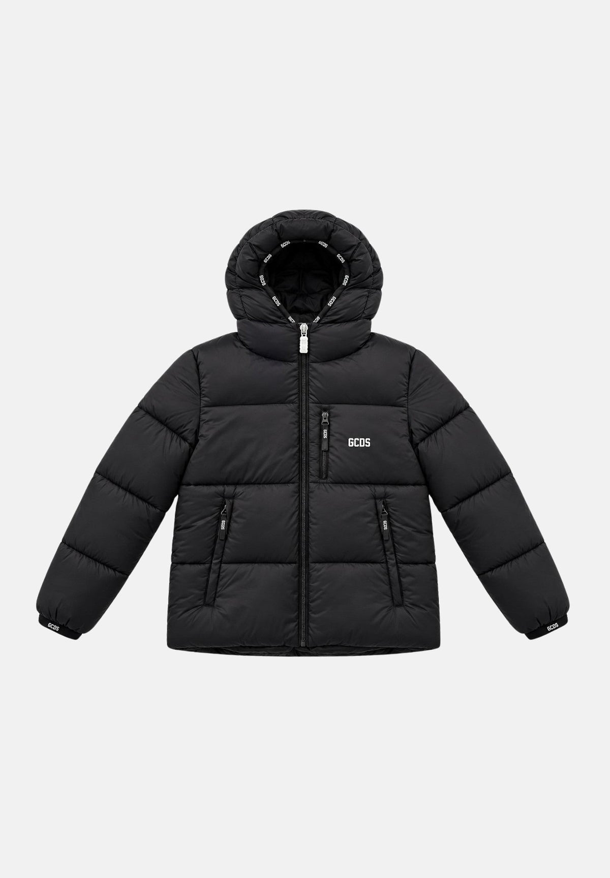 GCDS Piumino nero per donna, ragazzi e bambini con cappuccio imbottito, trapuntatura classica e patch logo C2BJQA614T340 999A GCDS