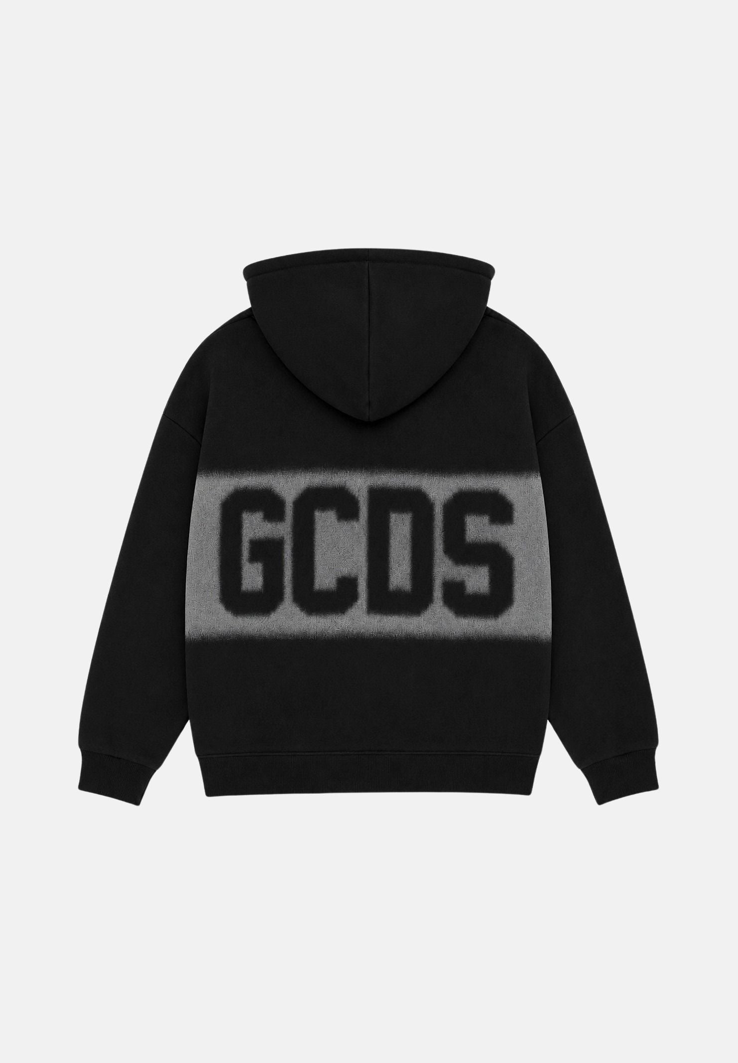 GCDS Felpa con cappuccio nera e bianca per donna, ragazzi e bambini con maxi logo GCDS sfumato a contrasto. C2BJQE528F342 999A GCDS