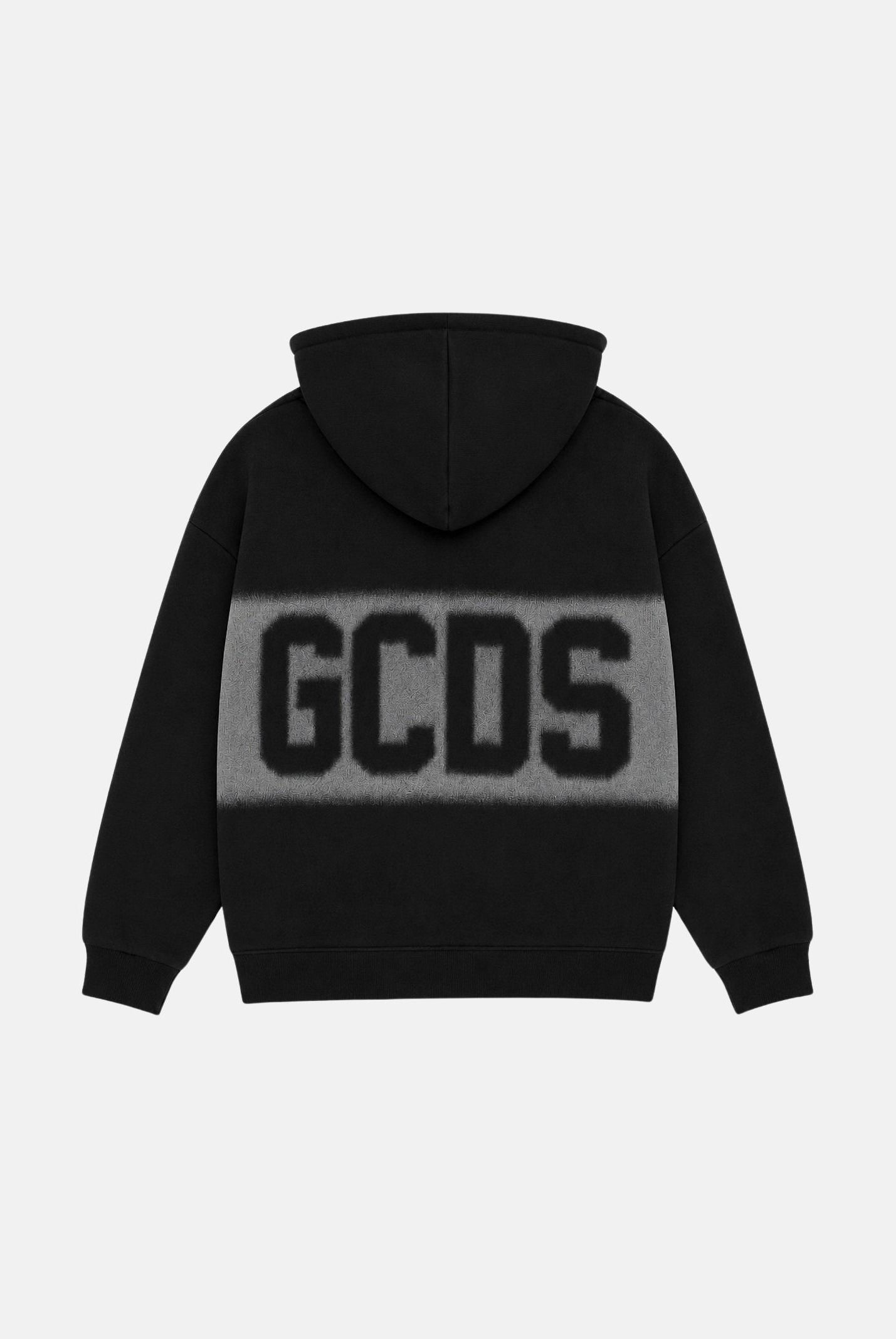 GCDS Felpa con cappuccio nera e bianca per donna, ragazzi e bambini con maxi logo GCDS sfumato a contrasto. C2BJQE528F342 999A GCDS