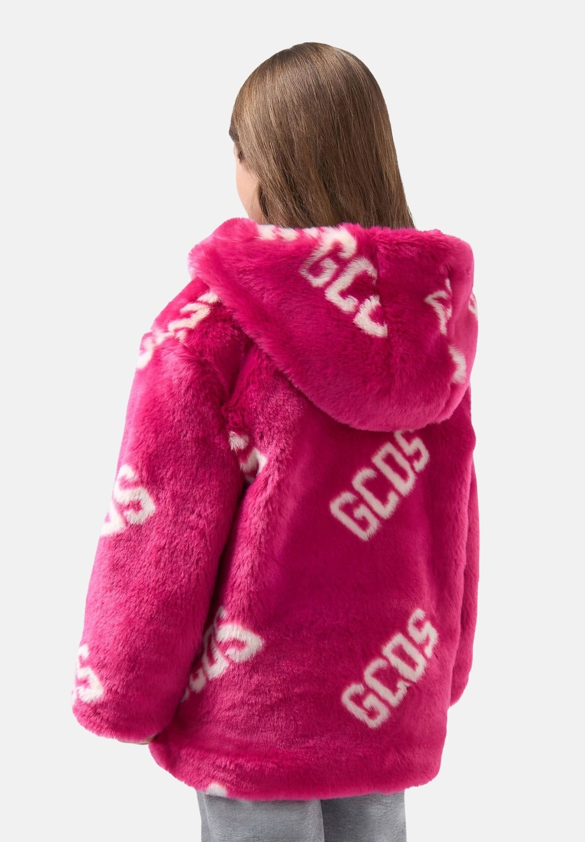 GCDS Pelliccia Fancy fucsia e bianca da donna e ragazza, con cappuccio e maxi loghi GCDS all-over.<BR/><BR/> C2GJQA613E204 570A GCDS
