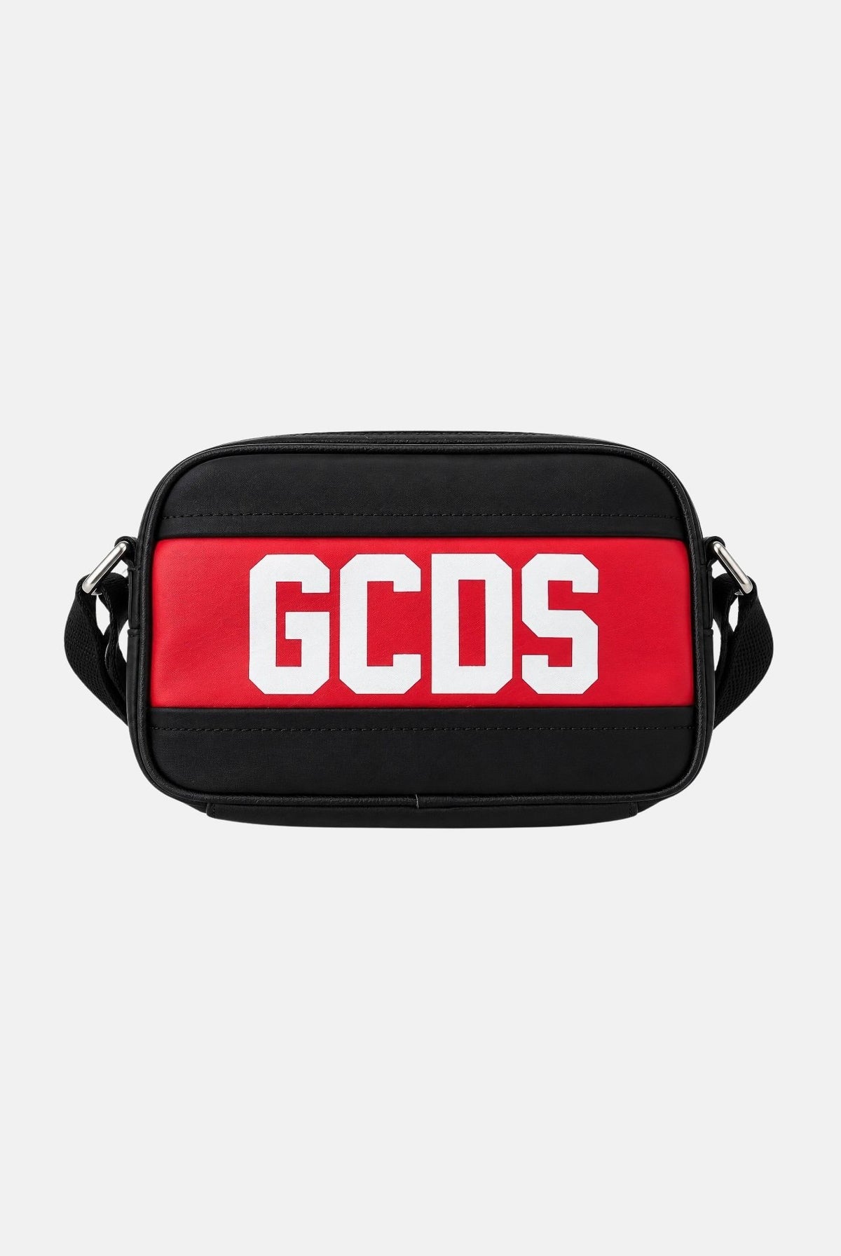 GCDS Borsa a tracolla nera e rossa per uomo e donna con iconica fascia centrale con maxi logo bianco. C2GJQW720T353 999R GCDS