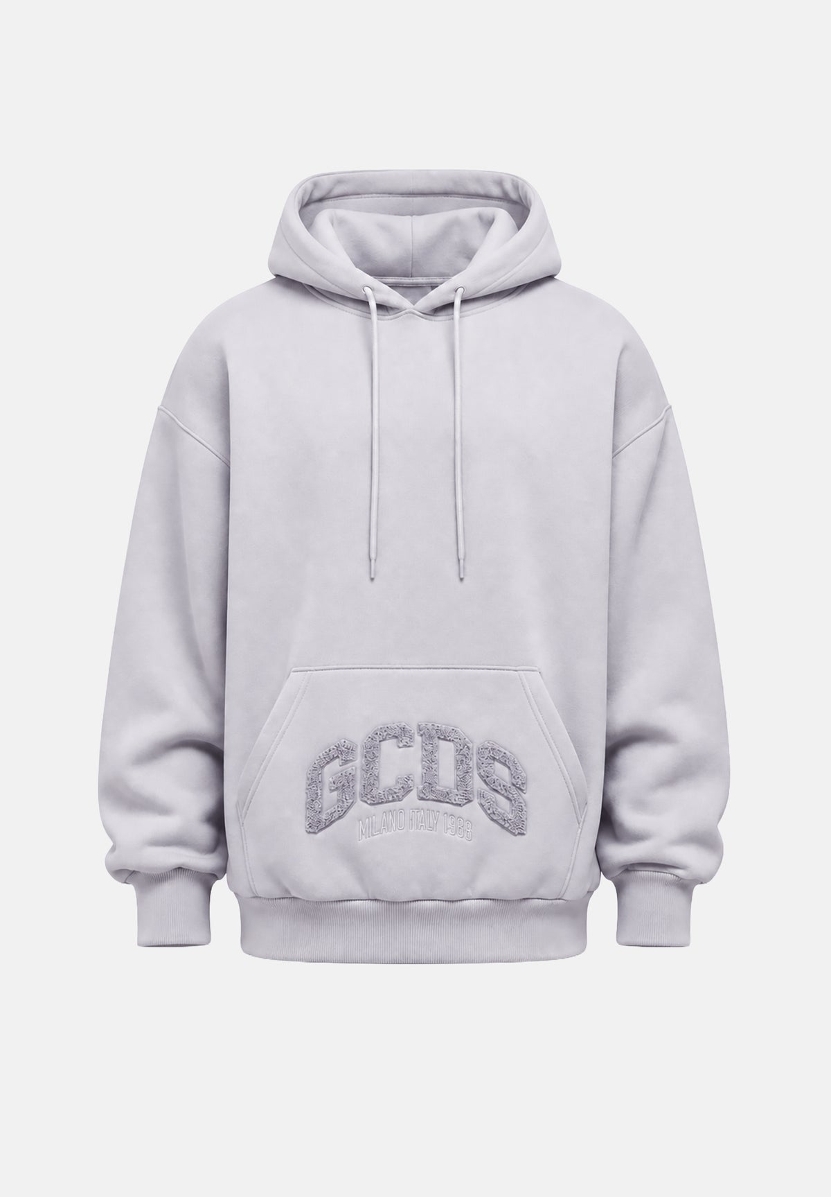 GCDS Felpa con cappuccio HOODIE EMBROIDERED LOGO alloy grey grigio per uomo e donna con maxi logo ricamato in rilievo. C2MWQE028F244 932I GCDS
