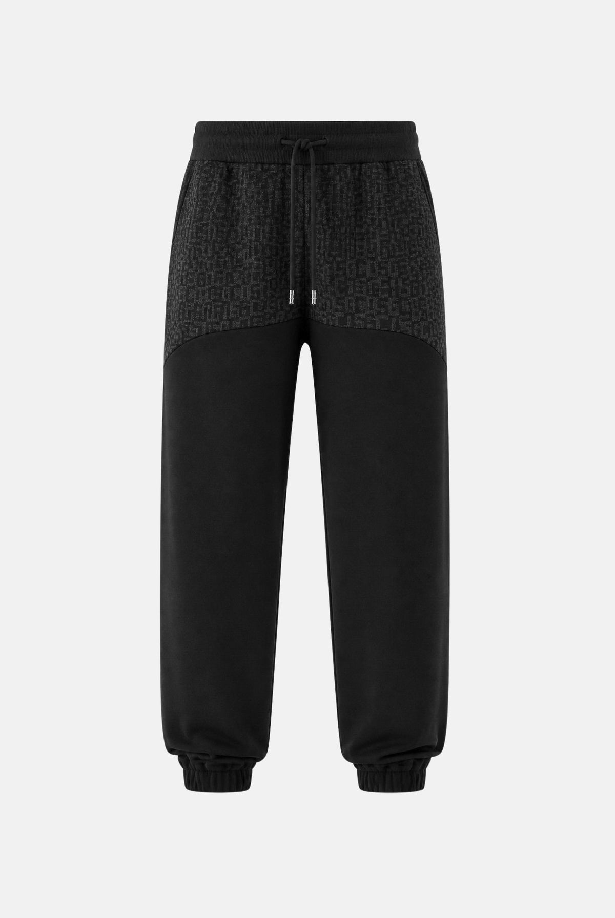 GCDS Pantaloni casual neri per uomo e donna con coulisse in vita e inserti monogramma jacquard a contrasto. C2MWQI122F245 999I GCDS