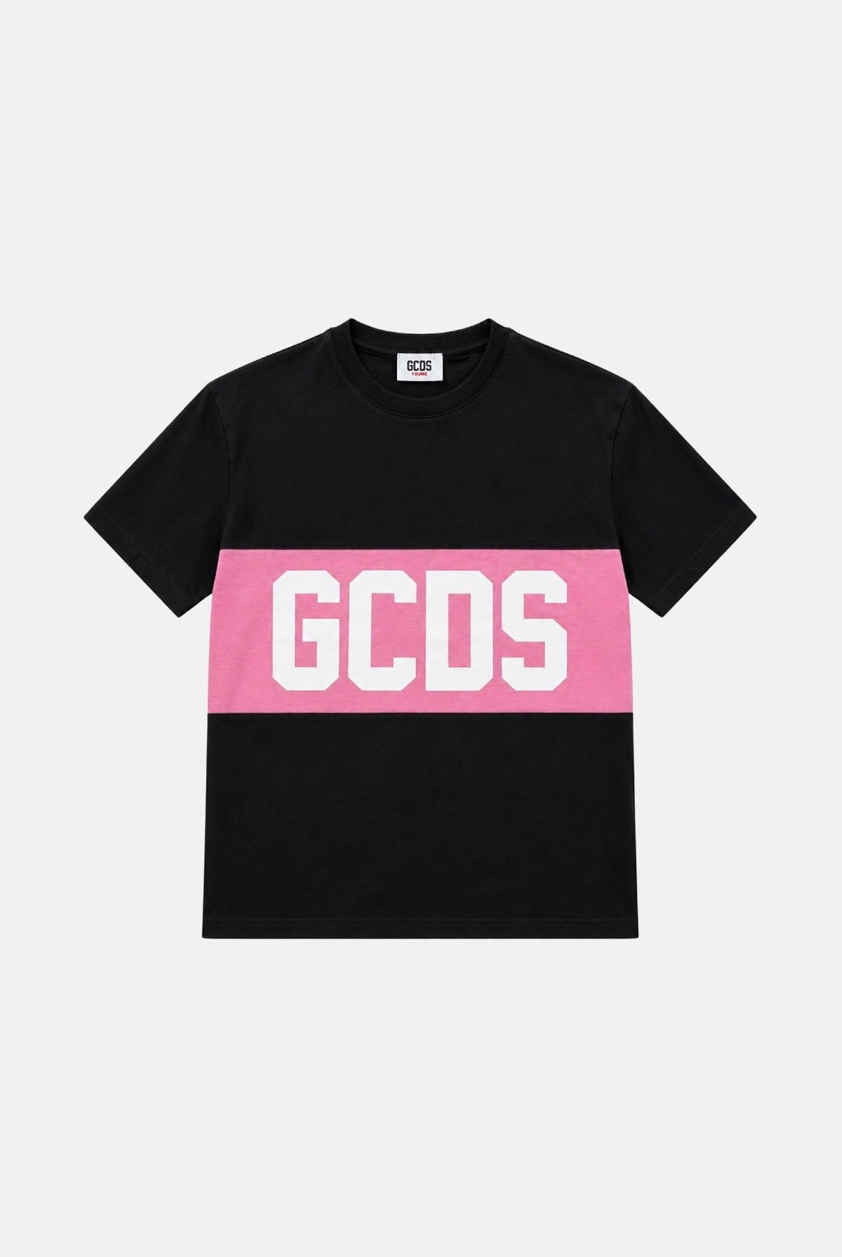 GCDS T-shirt manica corta black-pink-nera e rosa per donna, ragazzi e bambini con banda centrale rosa Z0GJQC585J105 999P GCDS