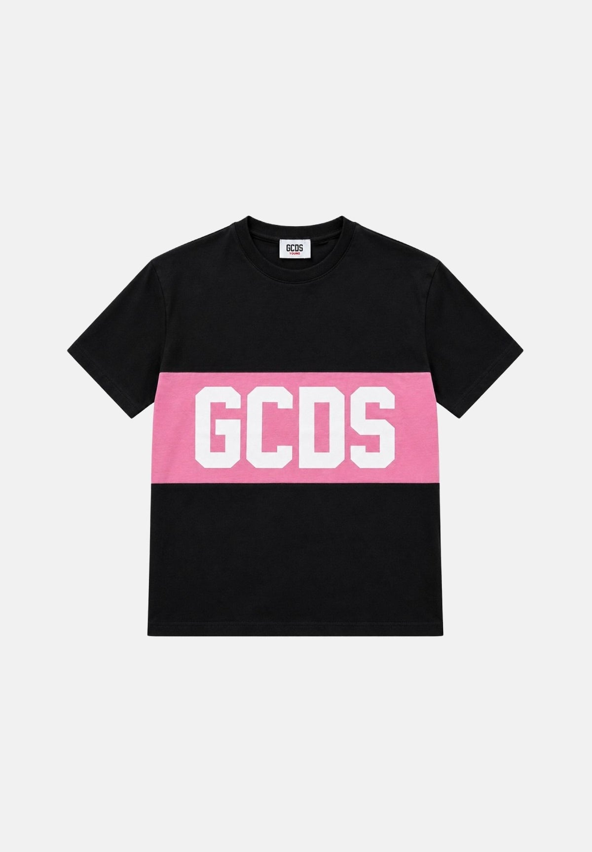 GCDS T-shirt manica corta black-pink-nera e rosa per donna, ragazzi e bambini con banda centrale rosa Z0GJQC585J105 999P GCDS