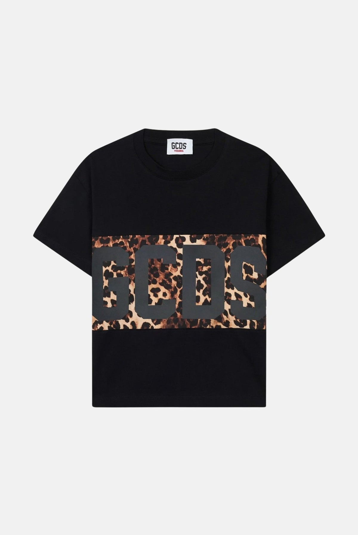 GCDS T-shirt manica corta nera leopardata per donna, ragazzi e bambini<BR/> con maxi logo stampato Z0GJQC585J106 999M GCDS