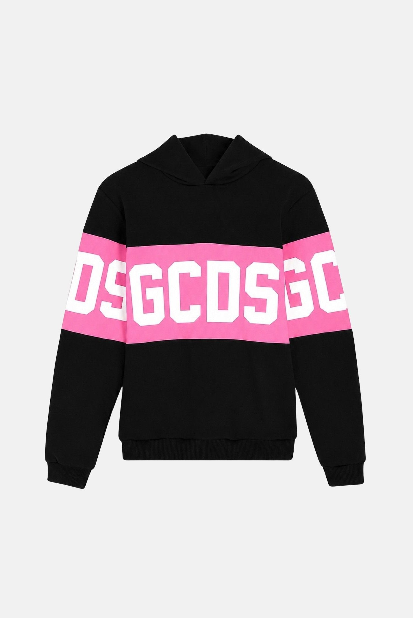GCDS Felpa con cappuccio nera e rosa per donna, ragazzi e bambini con logo frontale e maxi grafica Z0GJQE583F004 999P GCDS