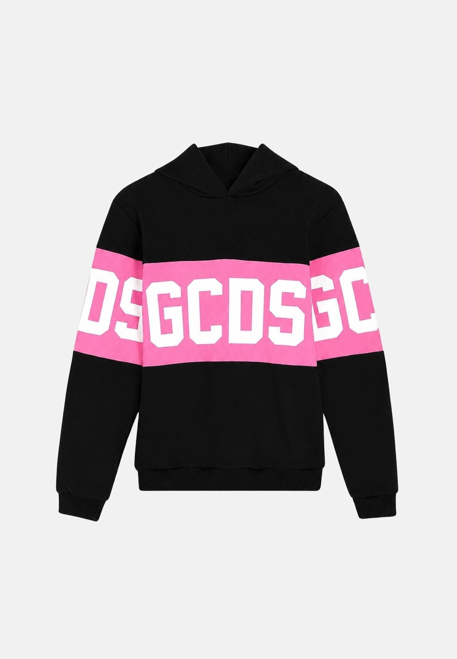 GCDS Felpa con cappuccio nera e rosa per donna, ragazzi e bambini con logo frontale e maxi grafica Z0GJQE583F004 999P GCDS