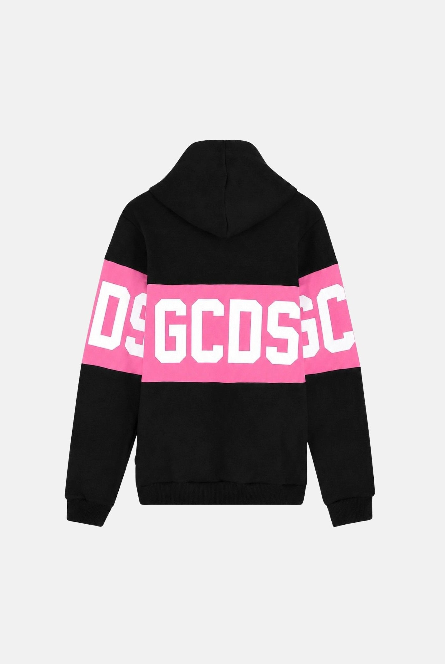 GCDS Felpa con cappuccio nera e rosa per donna, ragazzi e bambini con logo frontale e maxi grafica Z0GJQE583F004 999P GCDS