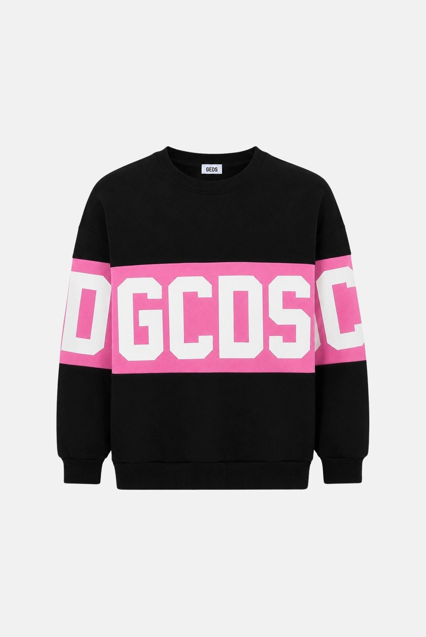 GCDS Felpa girocollo BAND CREWNECK nera e rosa da bambina con fascia logo GCDS a contrasto. Z0GJQE584F004J 999P GCDS