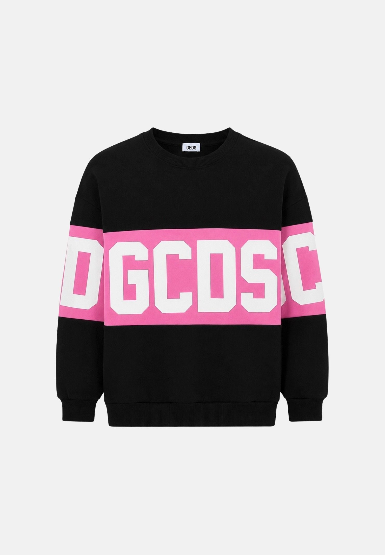 GCDS Felpa girocollo BAND CREWNECK nera e rosa da bambina con fascia logo GCDS a contrasto. Z0GJQE584F004J 999P GCDS