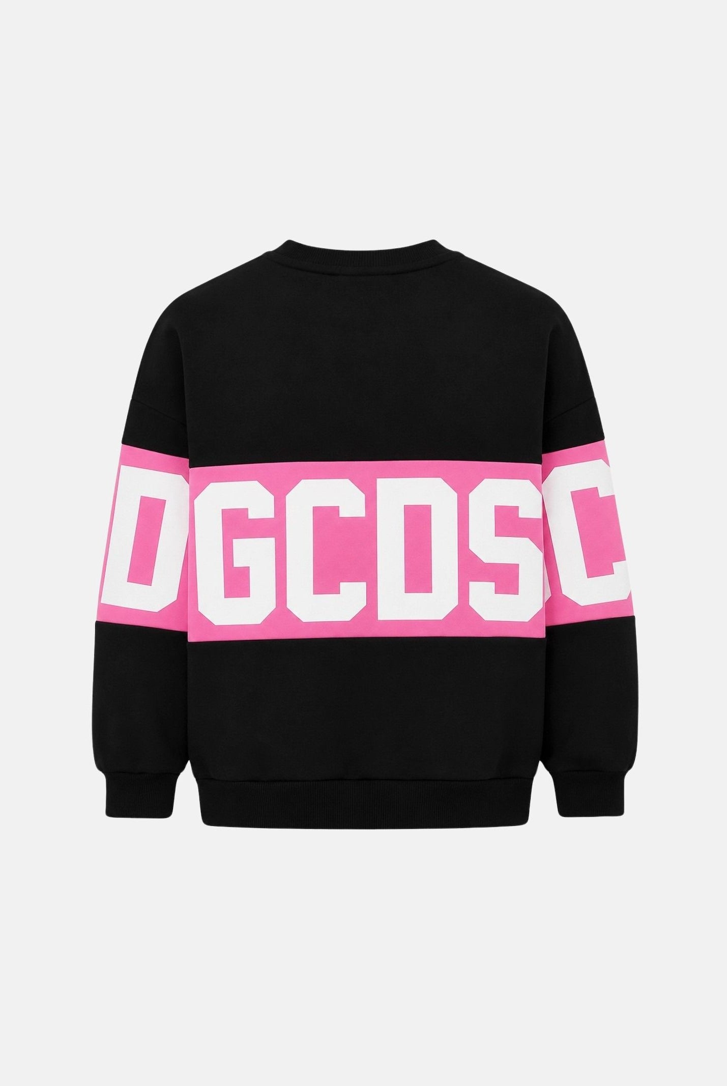 GCDS Felpa girocollo BAND CREWNECK nera e rosa da bambina con fascia logo GCDS a contrasto. Z0GJQE584F004J 999P GCDS