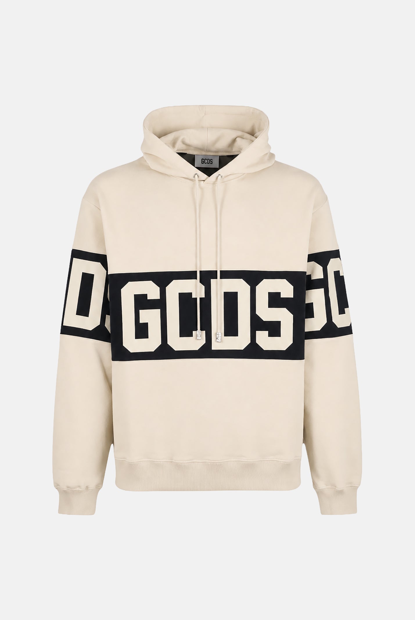 GCDS Felpa con cappuccio beige per uomo e donna caratterizzata da banda a contrasto e logo Z0MLQE138F004 316B GCDS