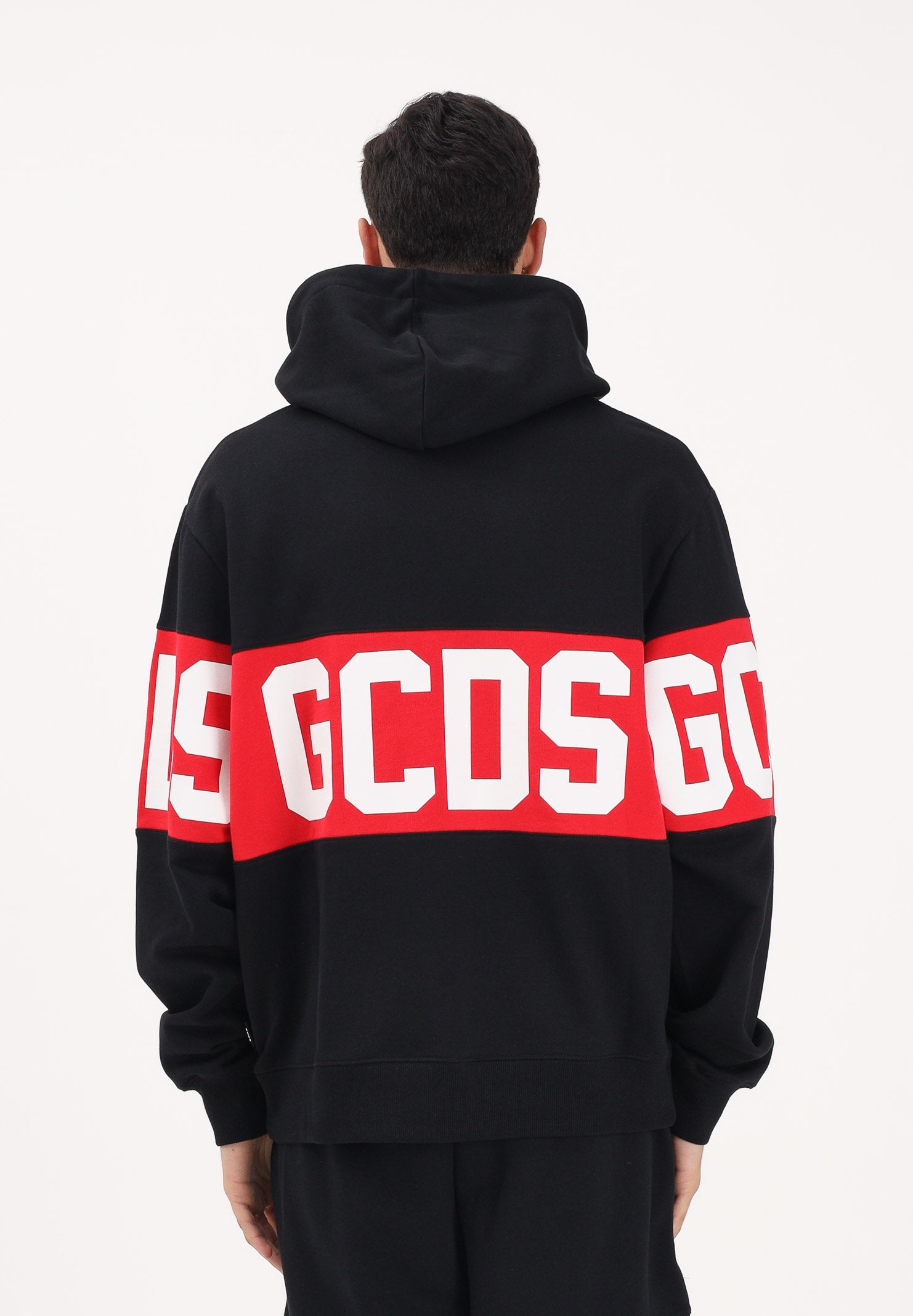 GCDS Felpa con cappuccio nera per uomo e donna caratterizzata da banda a contrasto e logo Z0MLQE138F004 999R GCDS