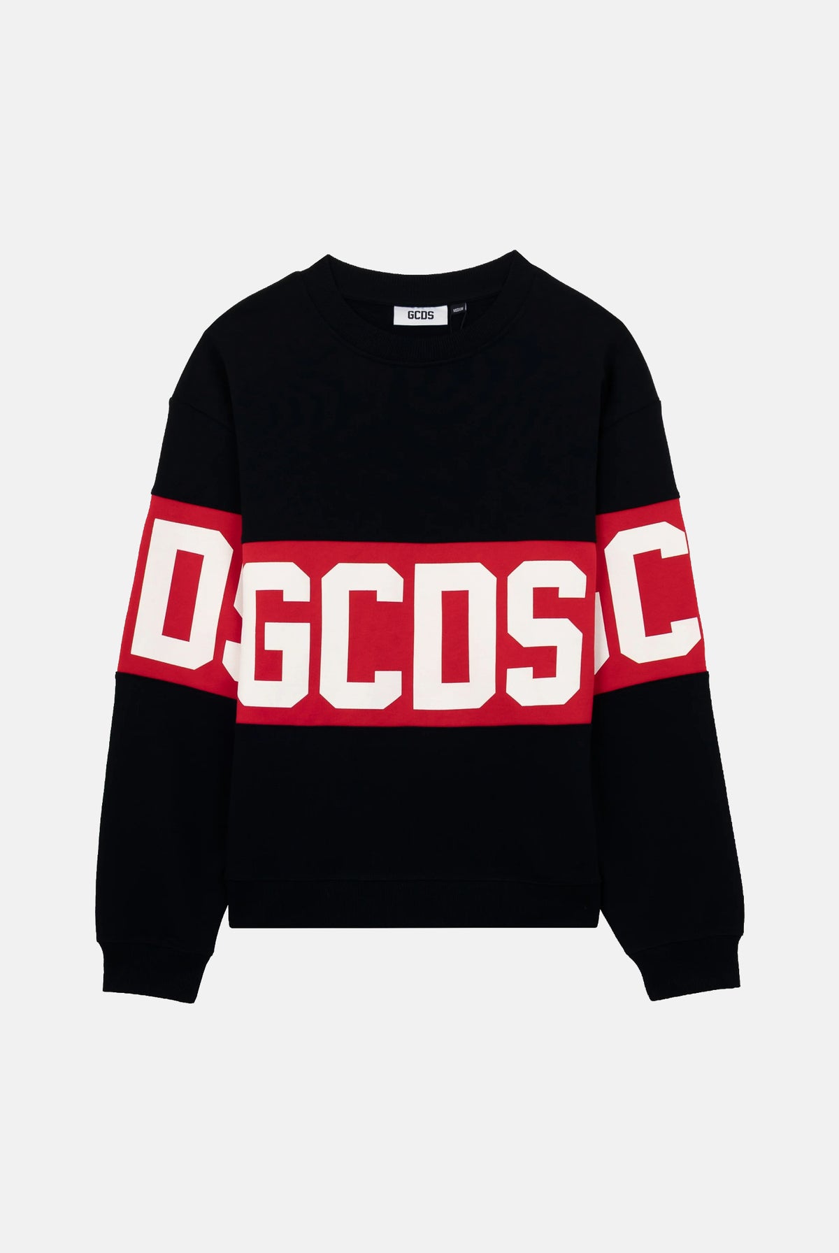 GCDS Felpa girocollo nera per uomo e donna con maxi banda logo rossa a contrasto e scollo tondo. Z0MLQE139F004 999R GCDS
