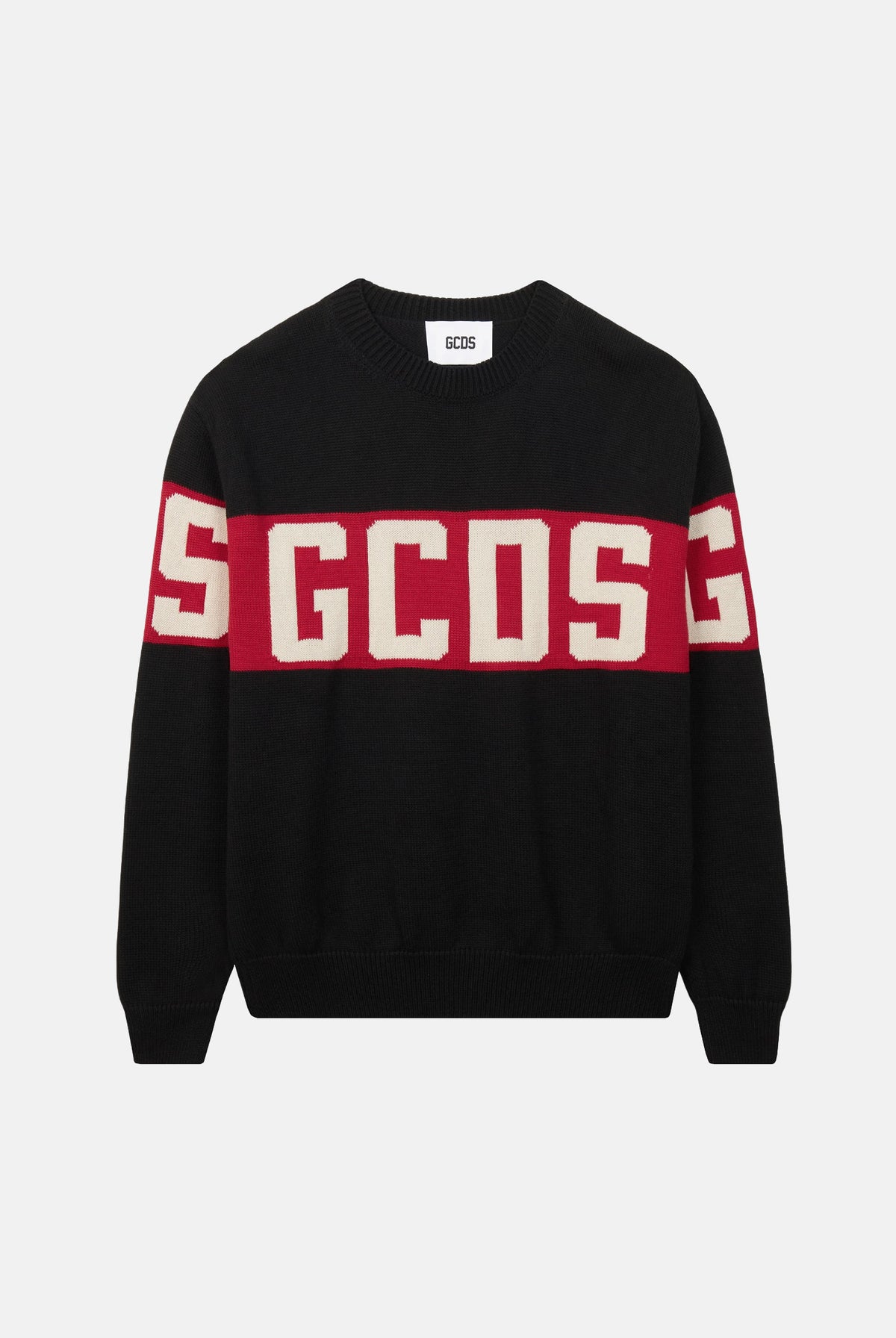 GCDS Maglioncino girocollo nero e rosso per uomo e donna con maxi logo intarsiato sulla fascia a contrasto. Z0MLQF150K155 999R GCDS
