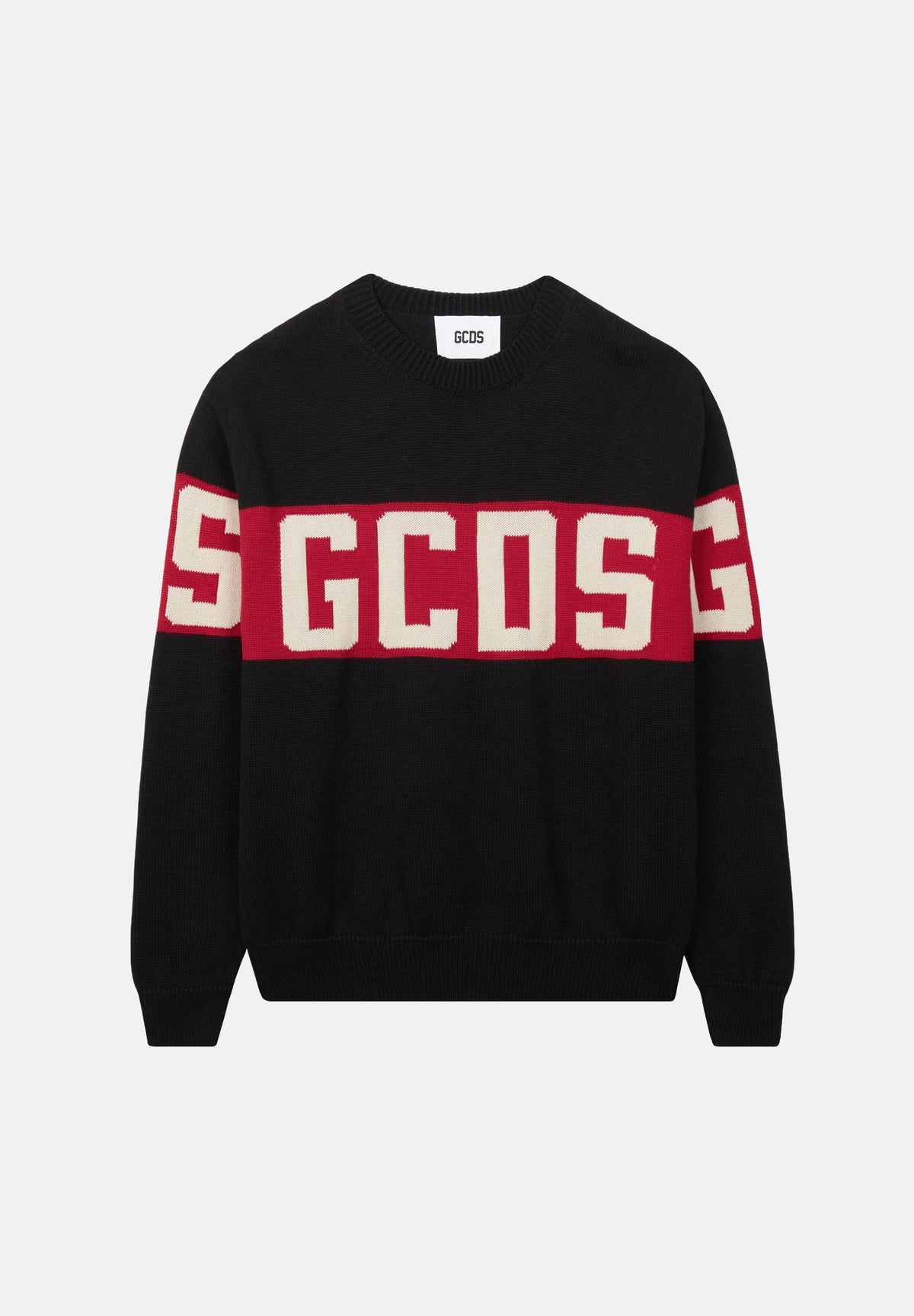 GCDS Maglioncino girocollo black-red per uomo e donna con maxi logo intarsiato sulla fascia a contrasto. Z0MLQF150K155 999R GCDS