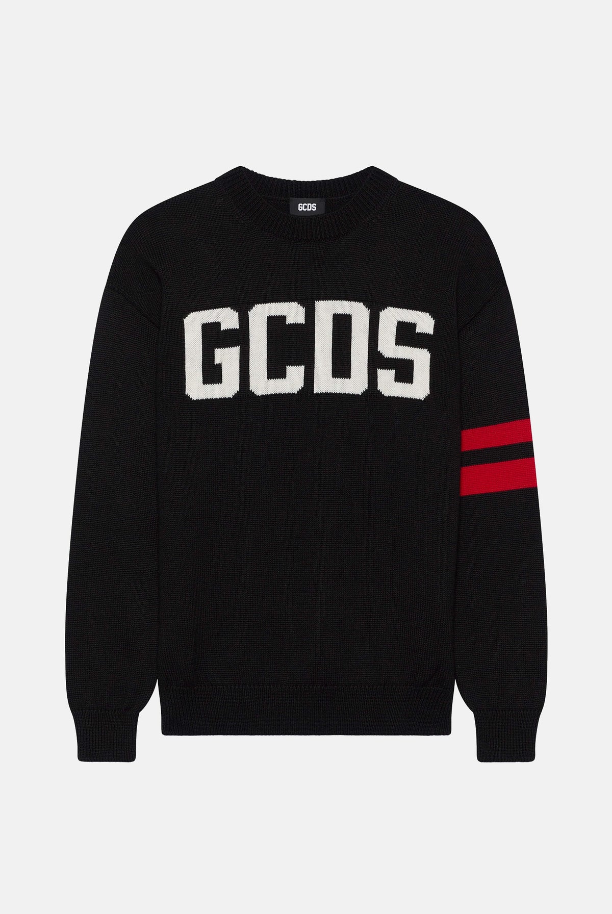 GCDS Maglione girocollo LOGO VARSITY nera per uomo e donna con maxi logo frontale Z0MLQF152K155 999R GCDS