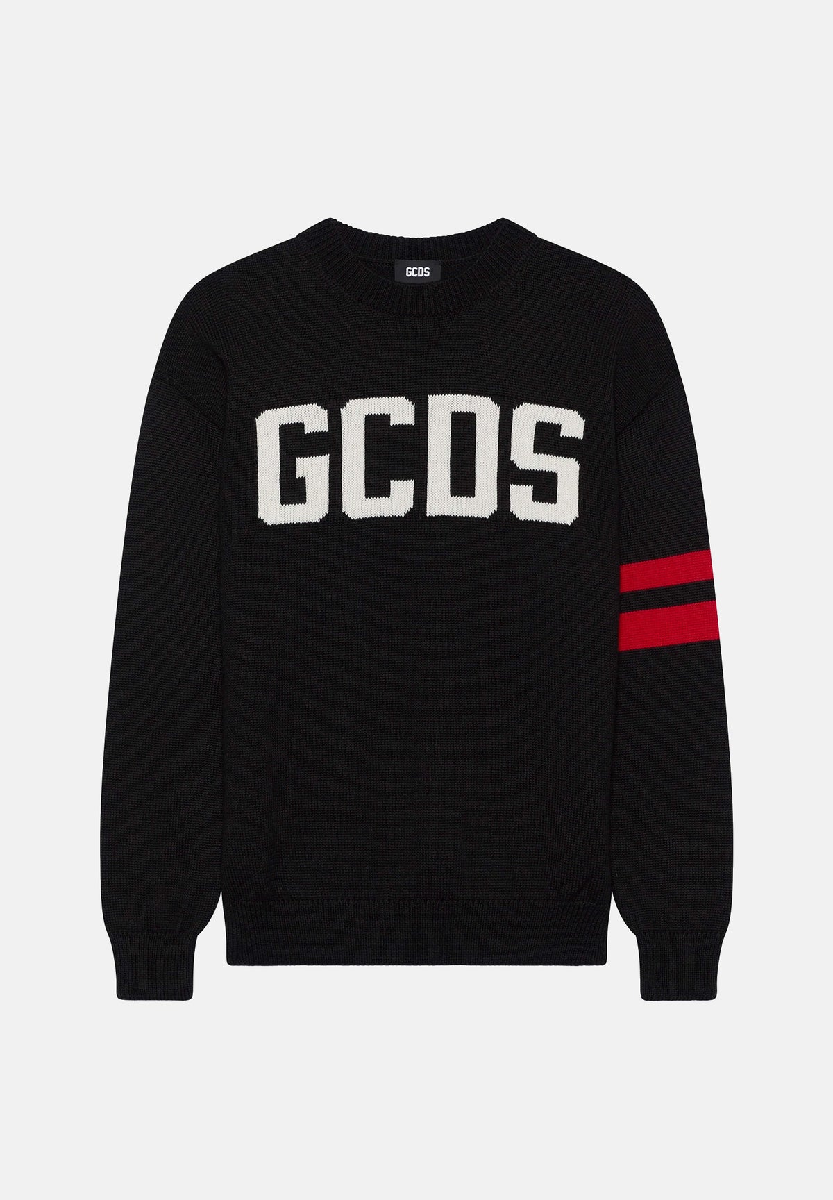 GCDS Maglione girocollo LOGO VARSITY nera per uomo e donna con maxi logo frontale Z0MLQF152K155 999R GCDS