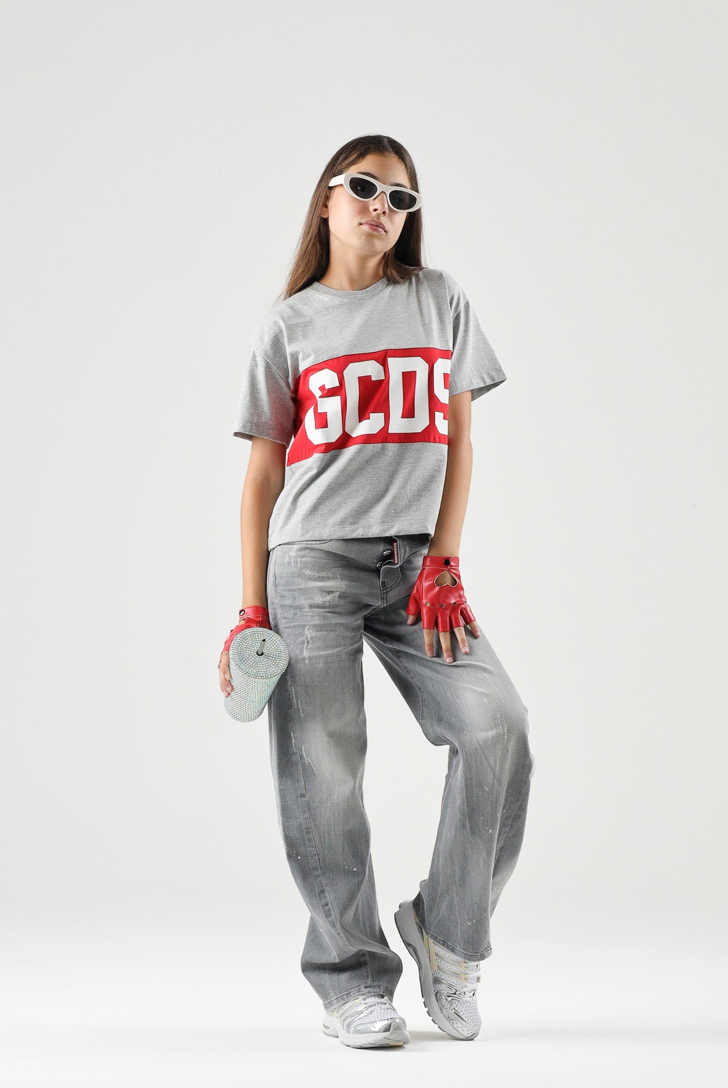 GCDS T-shirt manica corta neutro grigio-rosso per donna, ragazzi e bambini con maxi logo iconico Z0UJQC585J105 953R GCDS
