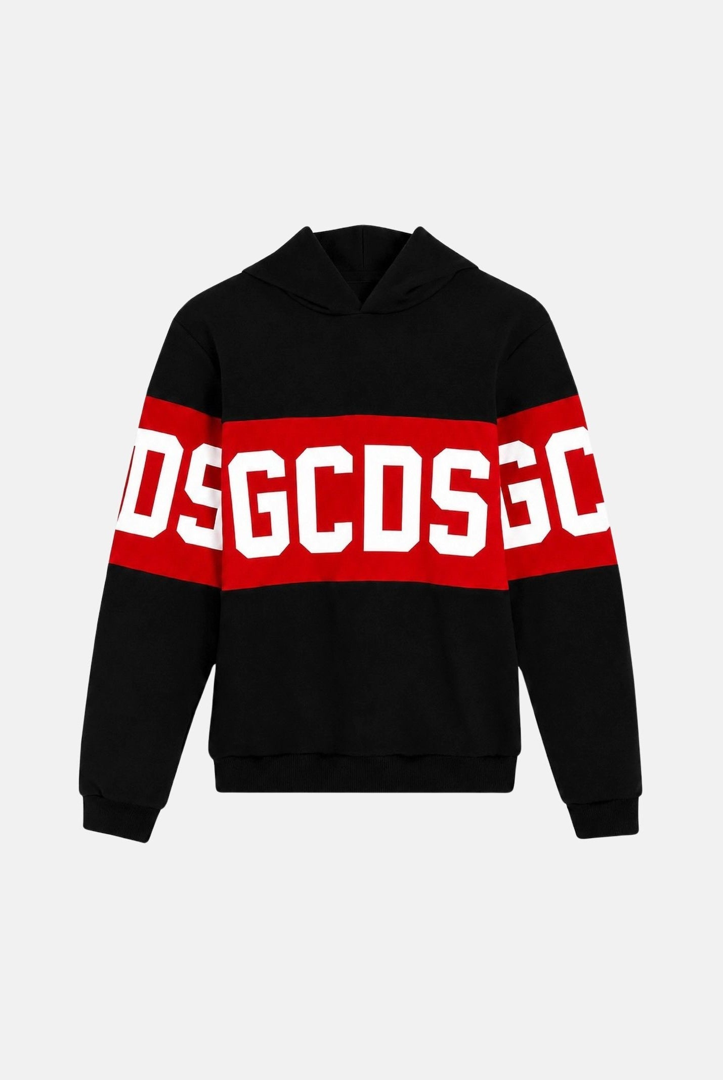 GCDS Felpa con cappuccio nera/red per bambino e bambina con logo iconico Z0UJQE583F004J 999R GCDS