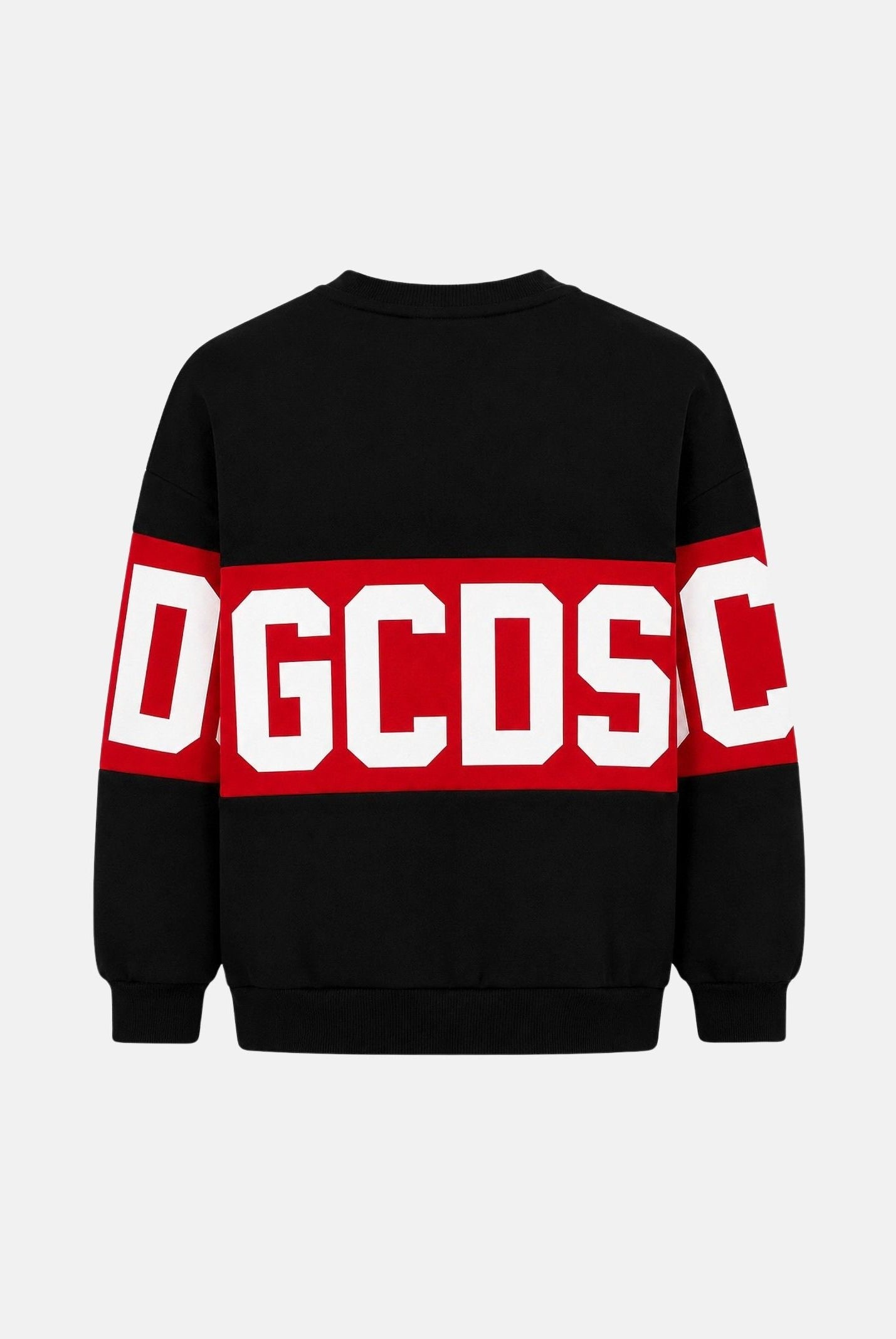 GCDS Felpa girocollo nera e rossa per donna, ragazzi e bambini con iconica fascia logo a contrasto.<BR/> Z0UJQE584F004 999R GCDS