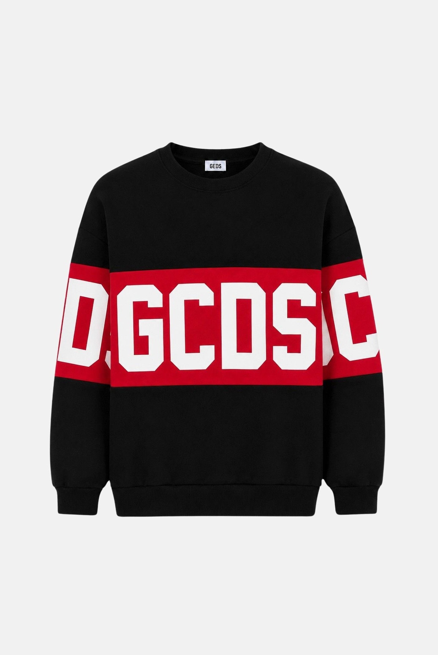 GCDS Felpa girocollo nera dettagli red per bambino e bambina con design color block e iconica fascia logo Z0UJQE584F004J 999R GCDS