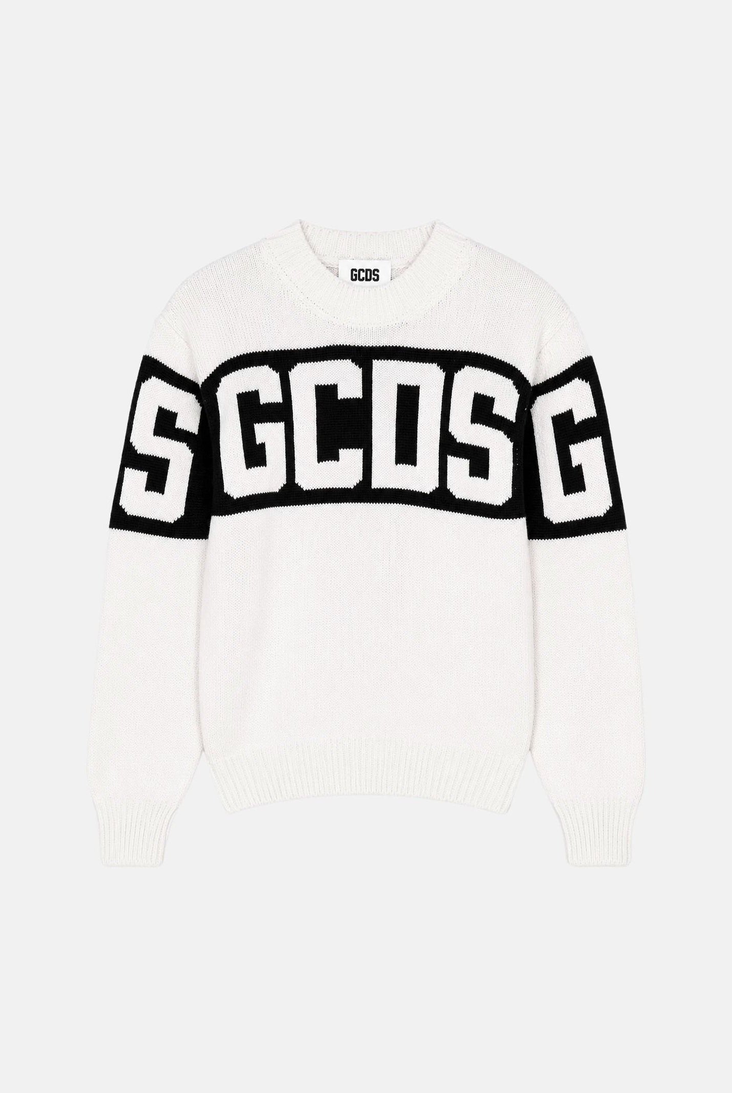 GCDS Maglia girocollo BAND LOGO SWEATER bianco e nero, per donna, ragazzi e bambini Z0UJQF621K347 157B GCDS