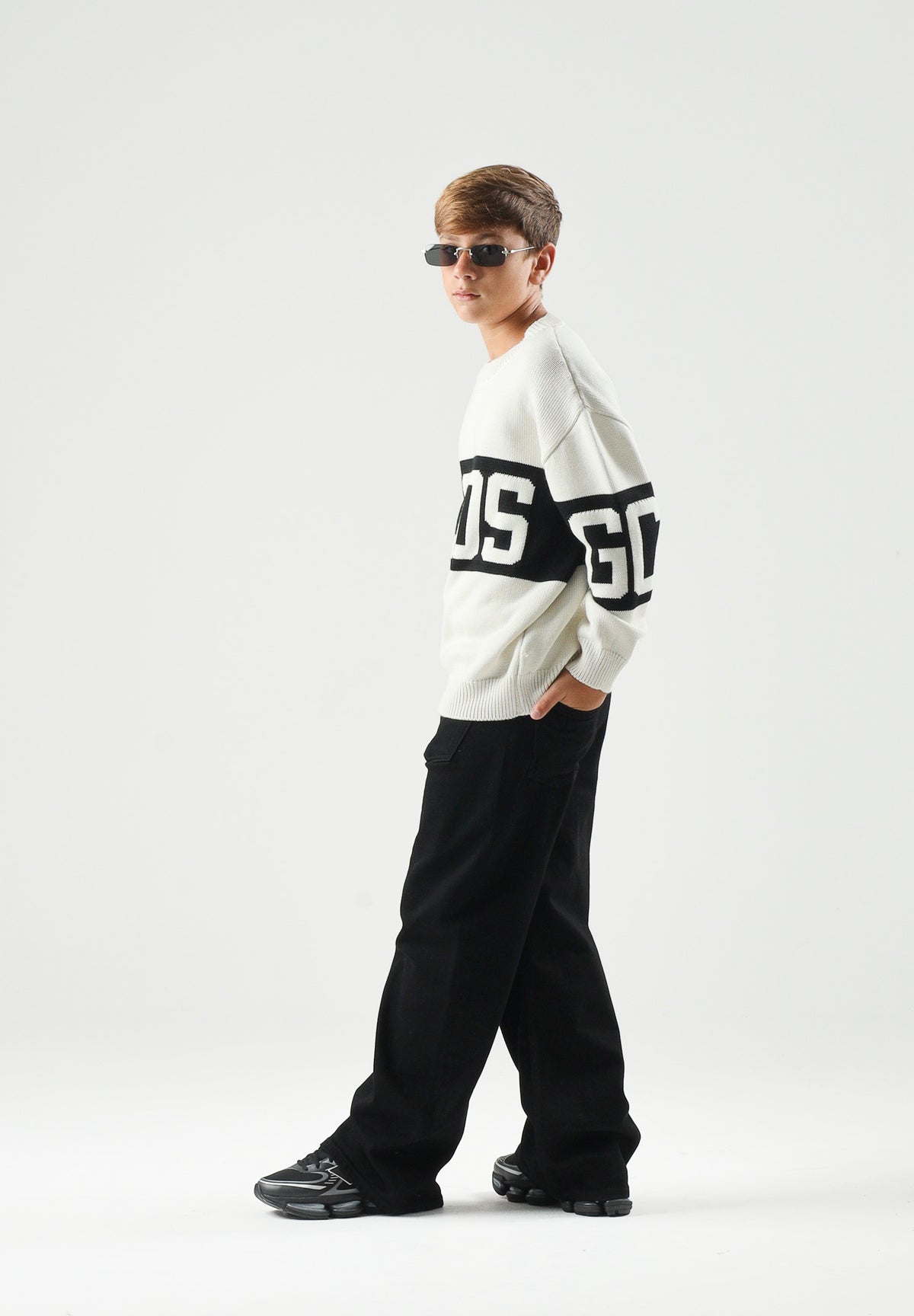 GCDS Maglia girocollo BAND LOGO SWEATER bianco e nero, per donna, ragazzi e bambini Z0UJQF621K347 157B GCDS