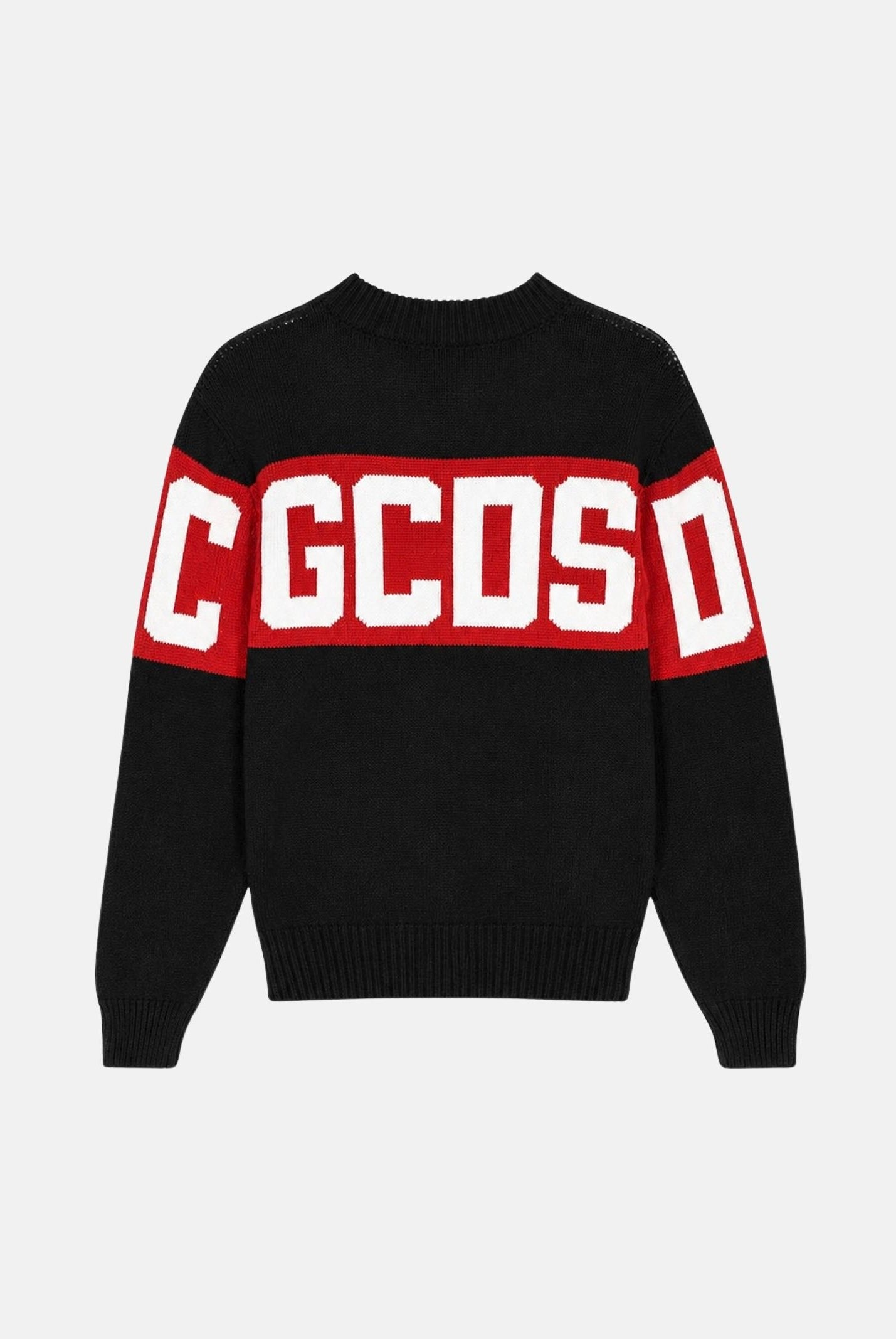 GCDS Maglia girocollo nera e rossa per donna, ragazzi e bambini con logo frontale Z0UJQF621K347 999R GCDS