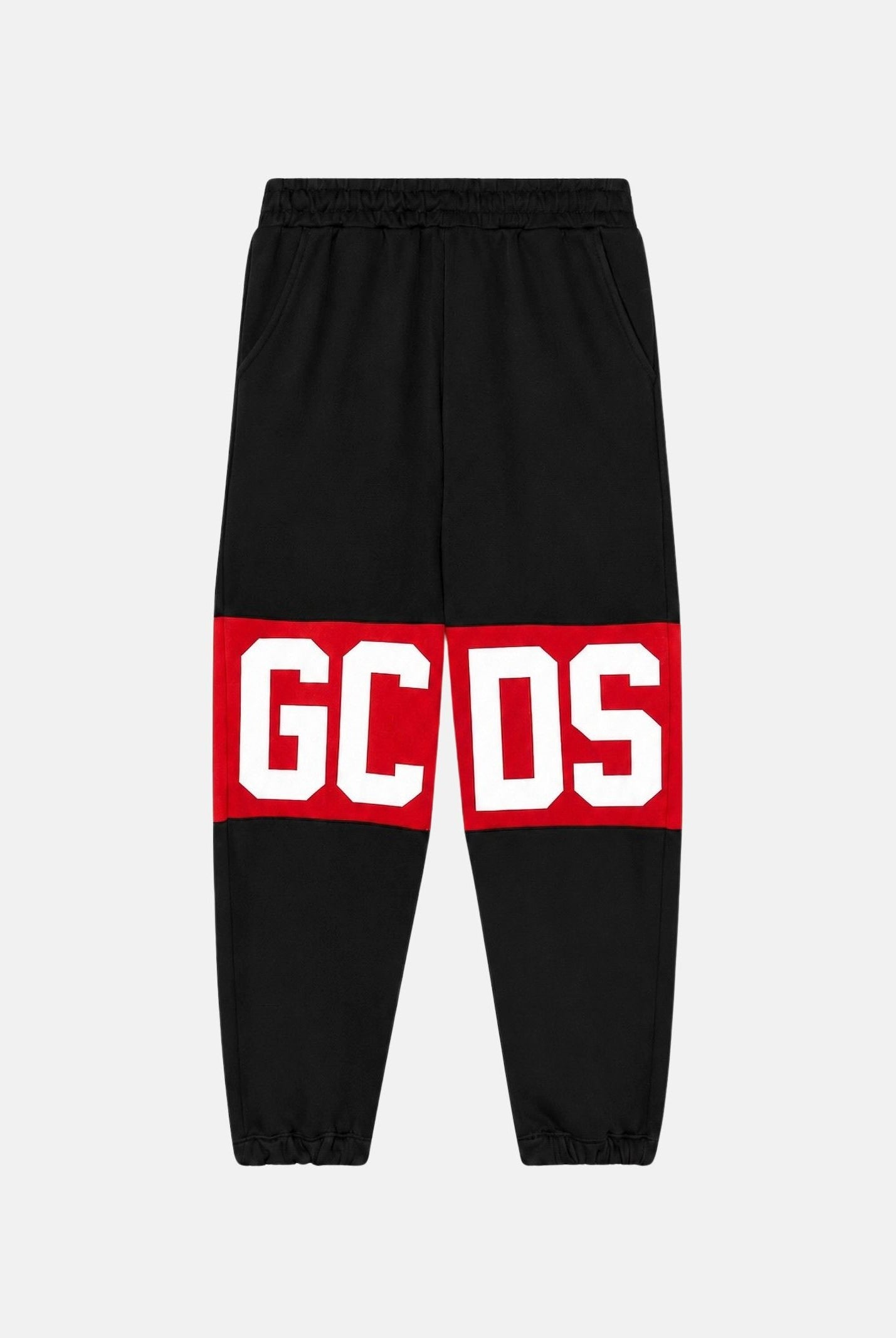 GCDS Pantaloni BAND LOGO TRACK PANTS nero/rosso per donna, ragazzi e bambini con maxi logo GCDS a contrasto. Z0UJQI588F004 999R GCDS