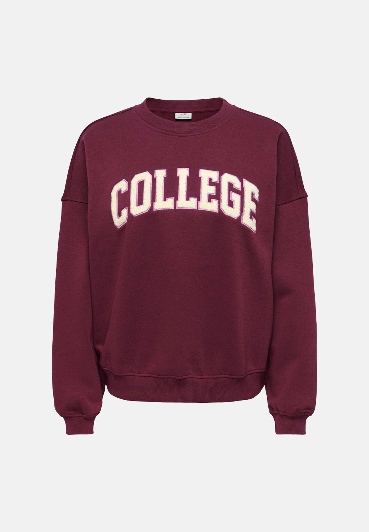 JDY Felpa girocollo COLLEGE bordeaux da donna con scritta frontale a contrasto e interno felpato 15370526 WI JDY