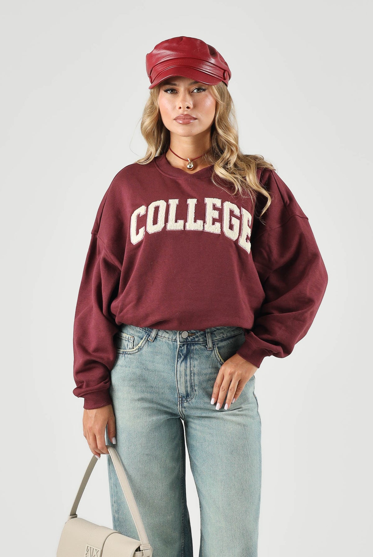 JDY Felpa girocollo COLLEGE bordeaux da donna con scritta frontale a contrasto e interno felpato 15370526 WI JDY