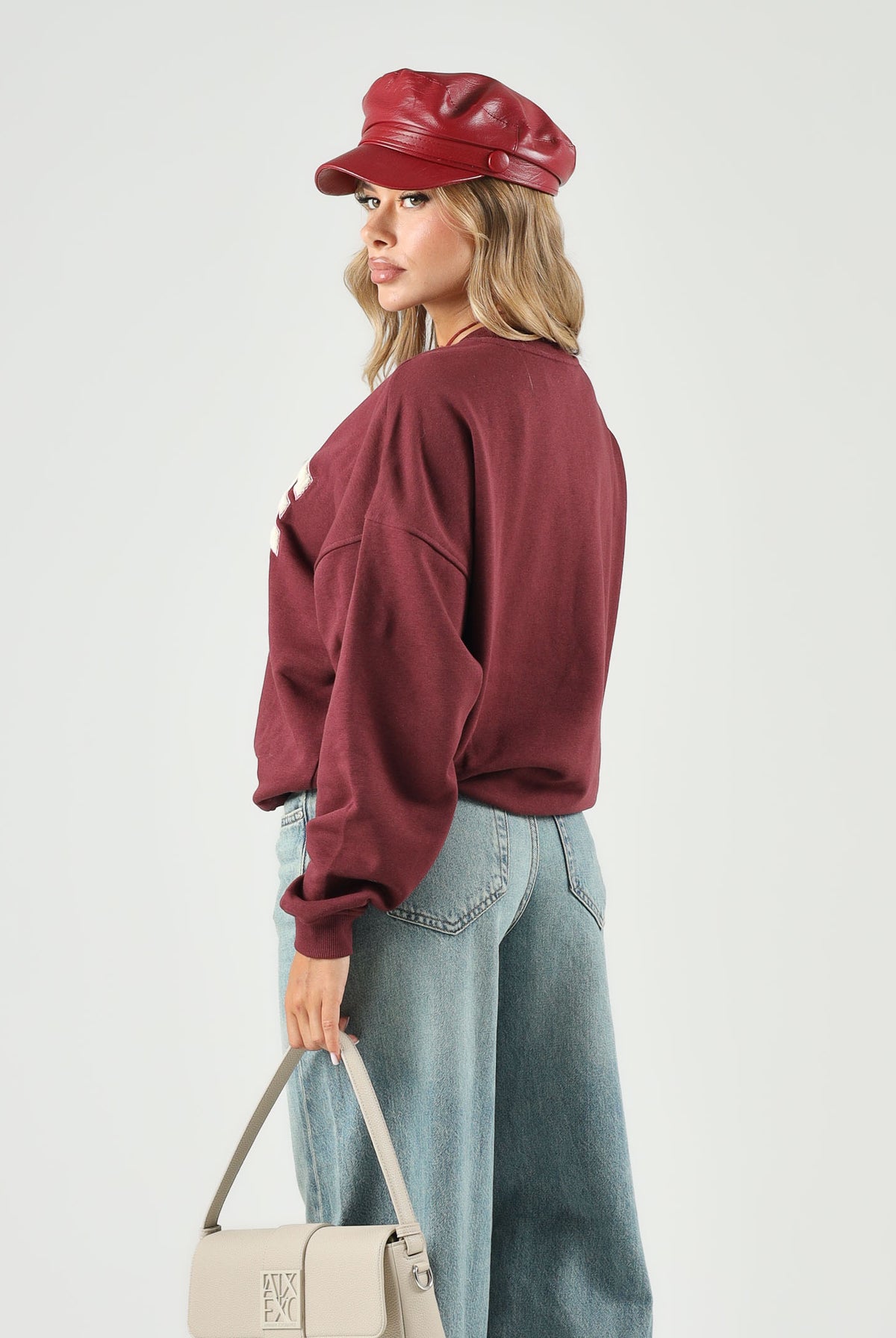 JDY Felpa girocollo COLLEGE bordeaux da donna con scritta frontale a contrasto e interno felpato 15370526 WI JDY