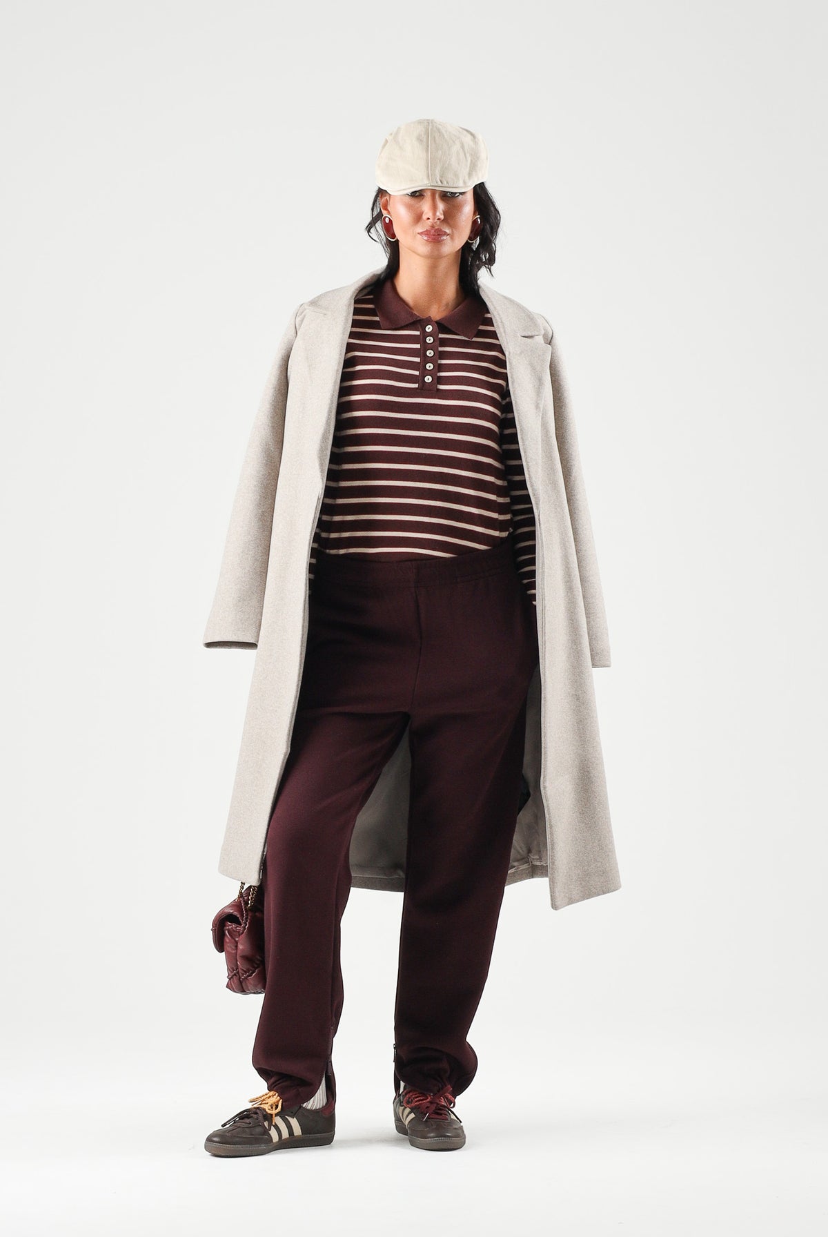JDY Polo manica lunga JDYINA bordeaux e beige per donna con motivo a righe orizzontali 15379717 SA JDY