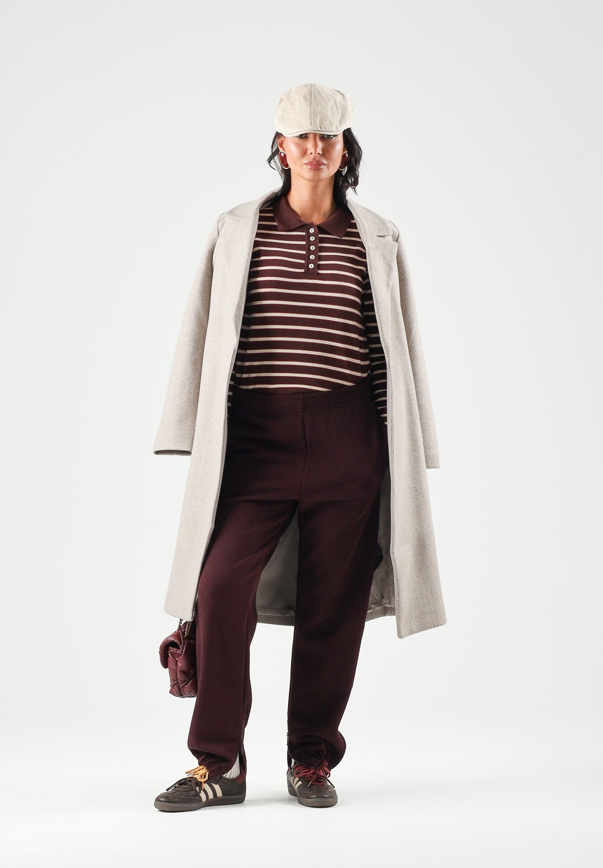 JDY Polo manica lunga JDYINA bordeaux e beige per donna con motivo a righe orizzontali 15379717 SA JDY