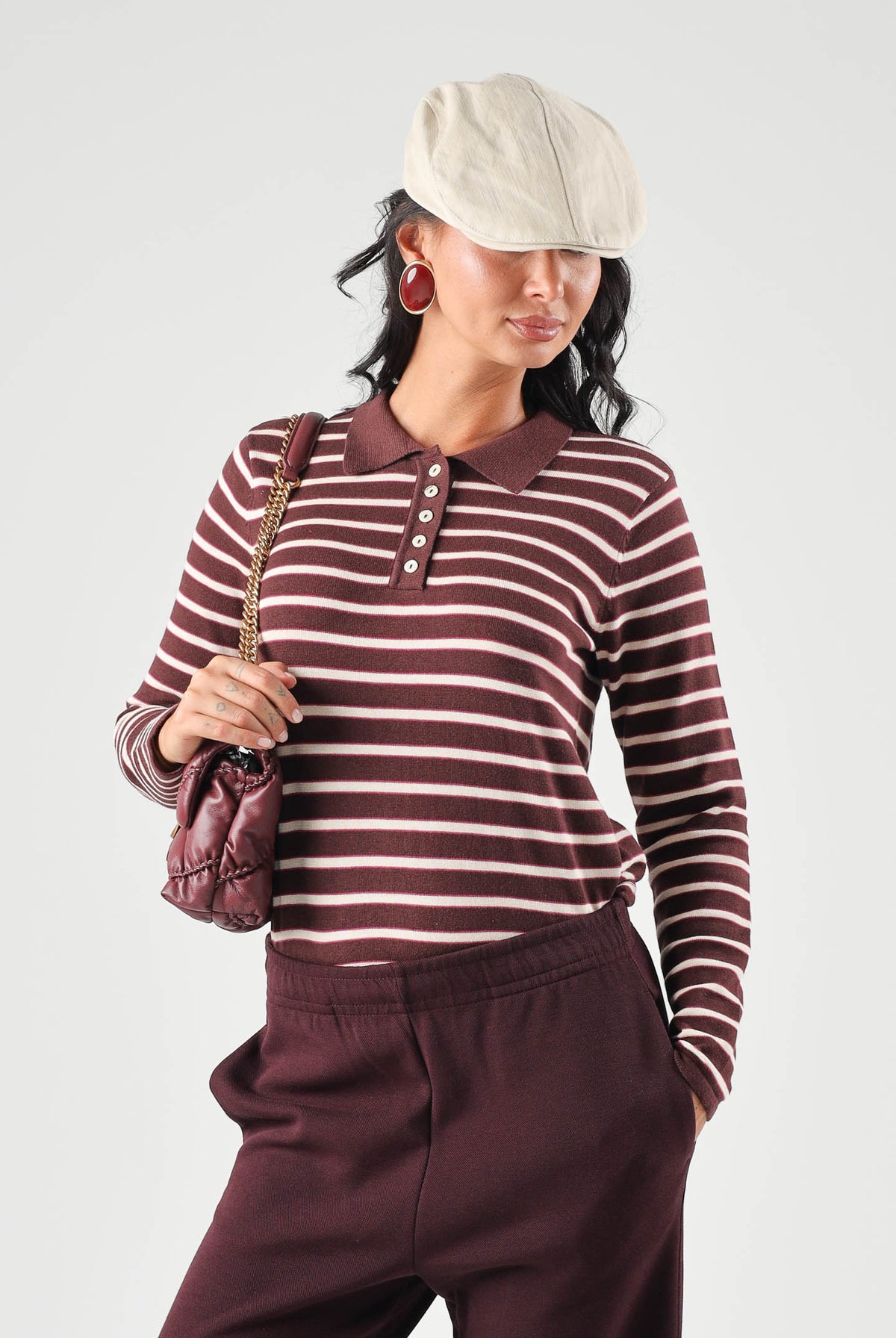 JDY Polo manica lunga JDYINA bordeaux e beige per donna con motivo a righe orizzontali 15379717 SA JDY