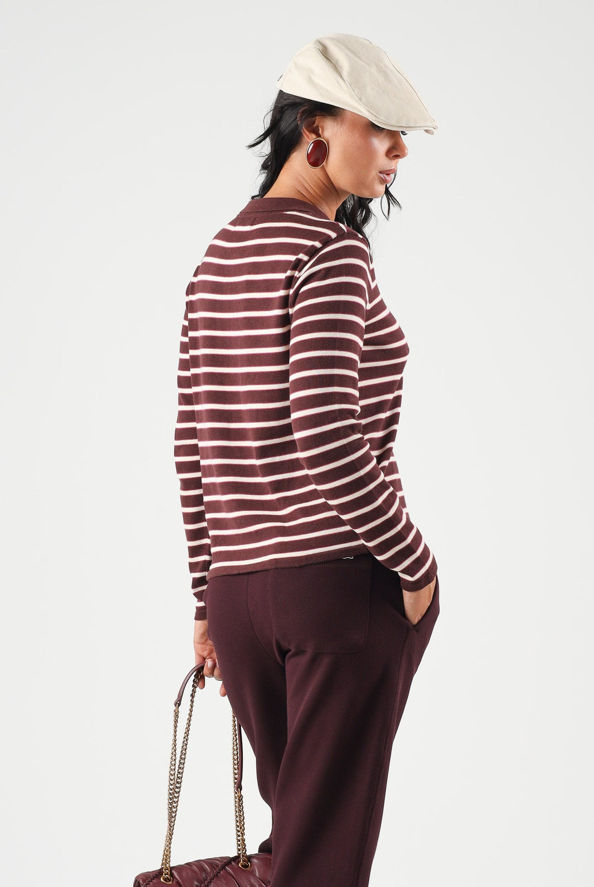 JDY Polo manica lunga JDYINA bordeaux e beige per donna con motivo a righe orizzontali 15379717 SA JDY