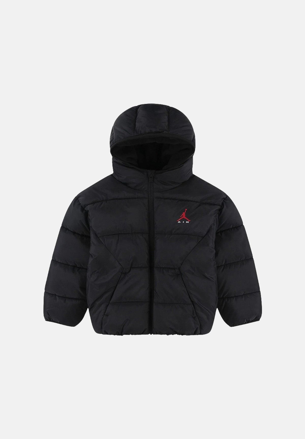 JORDAN Piumino PUFFER JACKET nero per bambino e bambina con cappuccio imbottito e trapuntatura orizzontale. 95G036 023 JORDAN