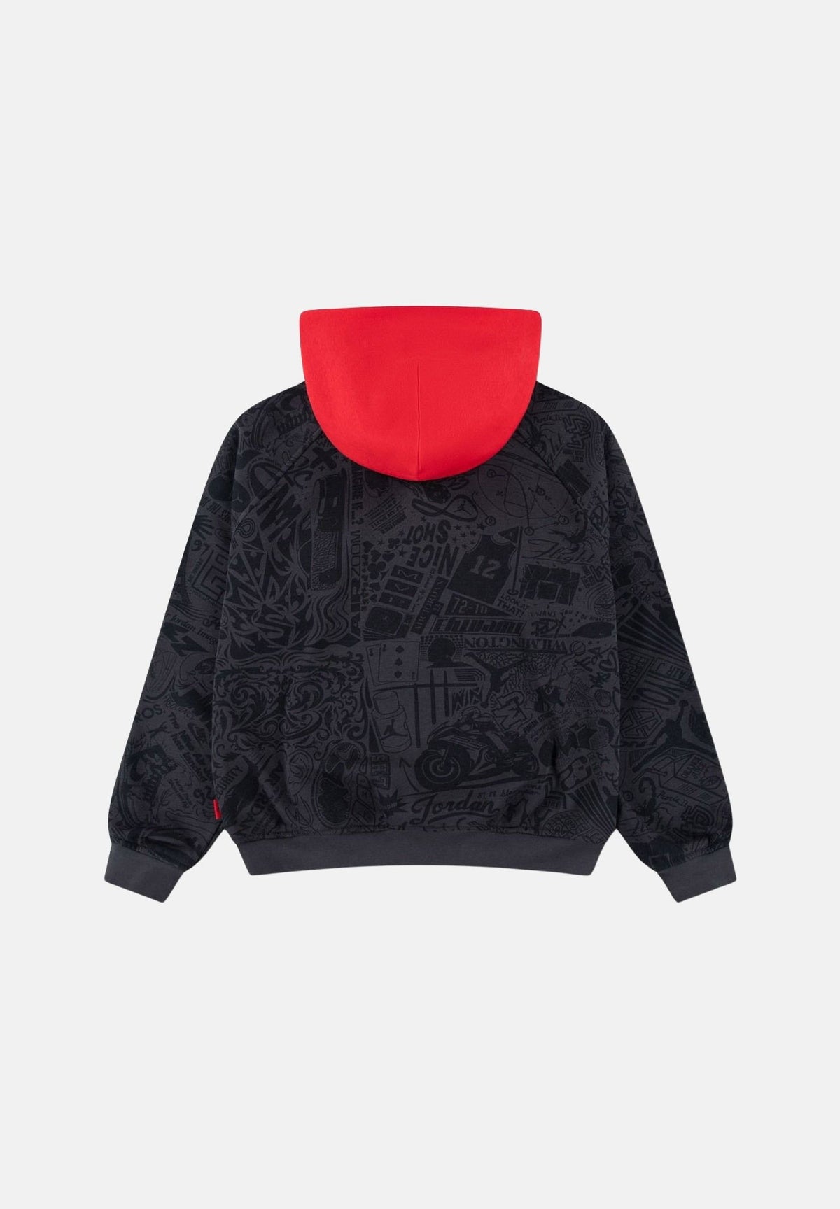 JORDAN Felpa HOODIE ALL-OVER PRINT nera per bambino e bambina con cappuccio rosso a contrasto e trama grafica. 95G185 G9Q JORDAN