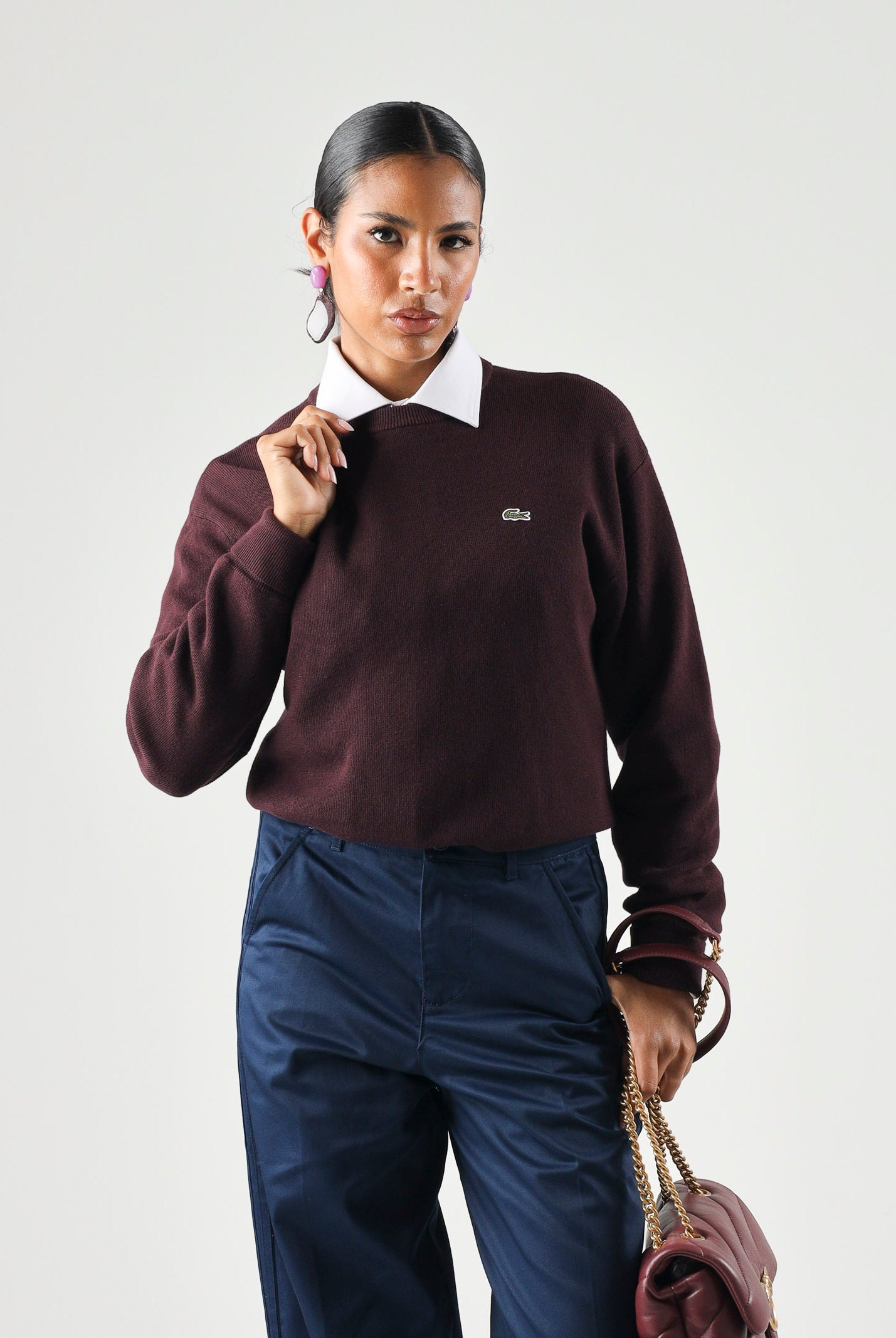 LACOSTE Maglione girocollo Chestnut Brown, marrone da donna con logo iconico coccodrillo AF4158 3KE LACOSTE