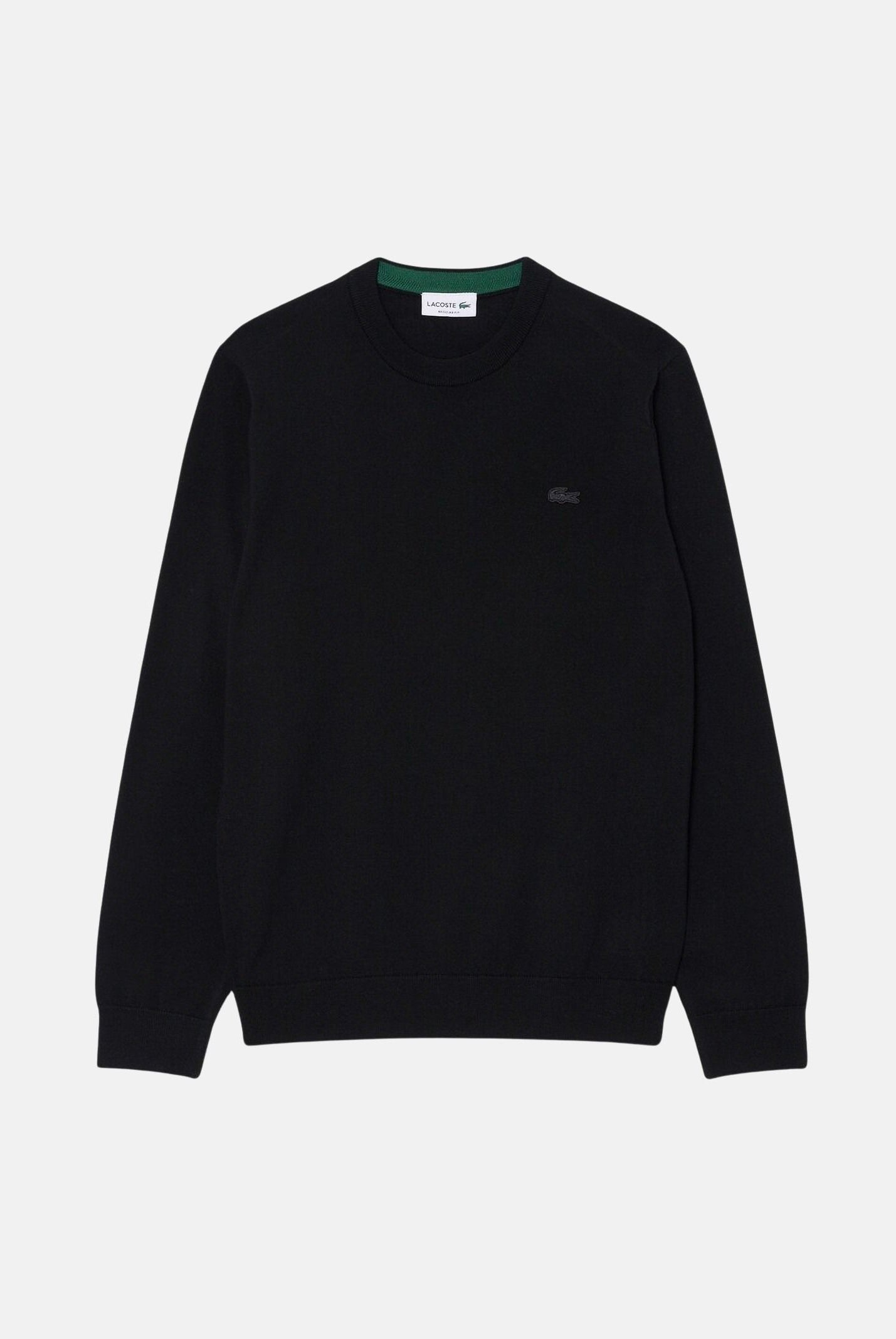 LACOSTE Maglione girocollo in lana merino color nero da uomo con coccodrillo ricamato tono su tono AH1969 031 LACOSTE