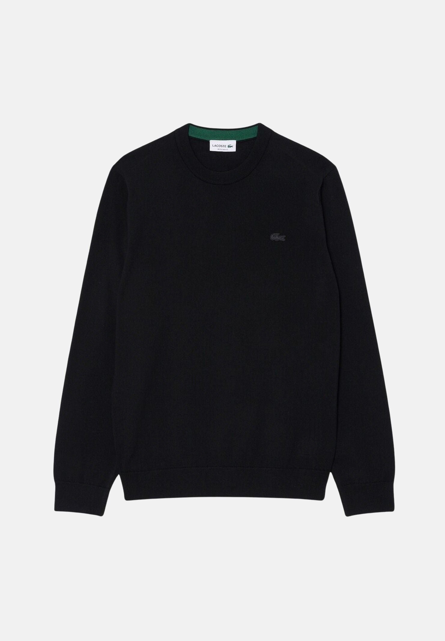 LACOSTE Maglione girocollo in lana merino color nero da uomo con coccodrillo ricamato tono su tono AH1969 031 LACOSTE