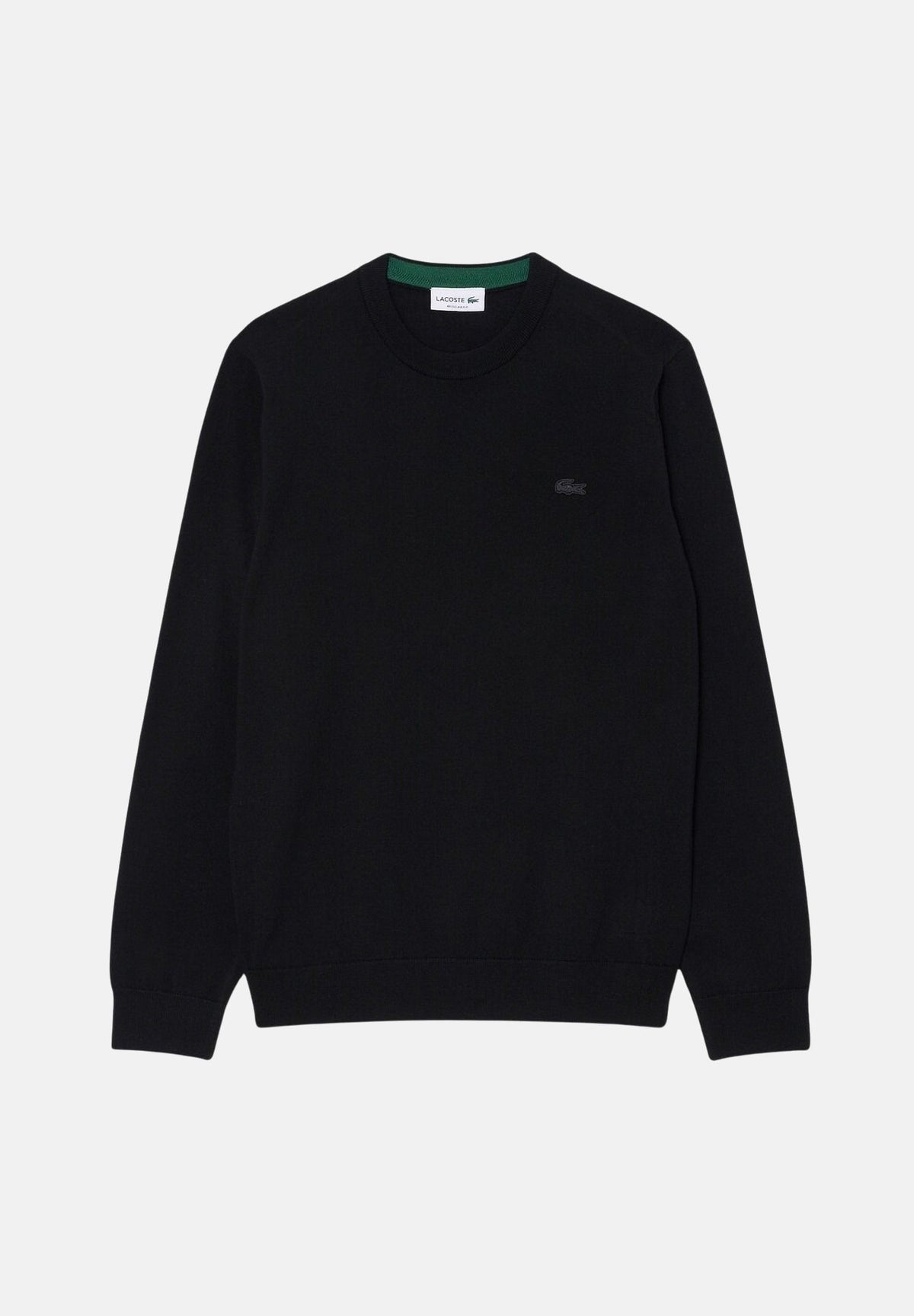 LACOSTE Maglione girocollo in lana merino color nero da uomo con coccodrillo ricamato tono su tono AH1969 031 LACOSTE