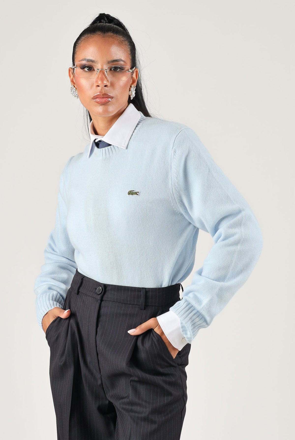 LACOSTE Maglione girocollo WOOL CREWNECK JUMPER celeste per uomo e donna con logo iconico ricamato. AH2916 T01 LACOSTE