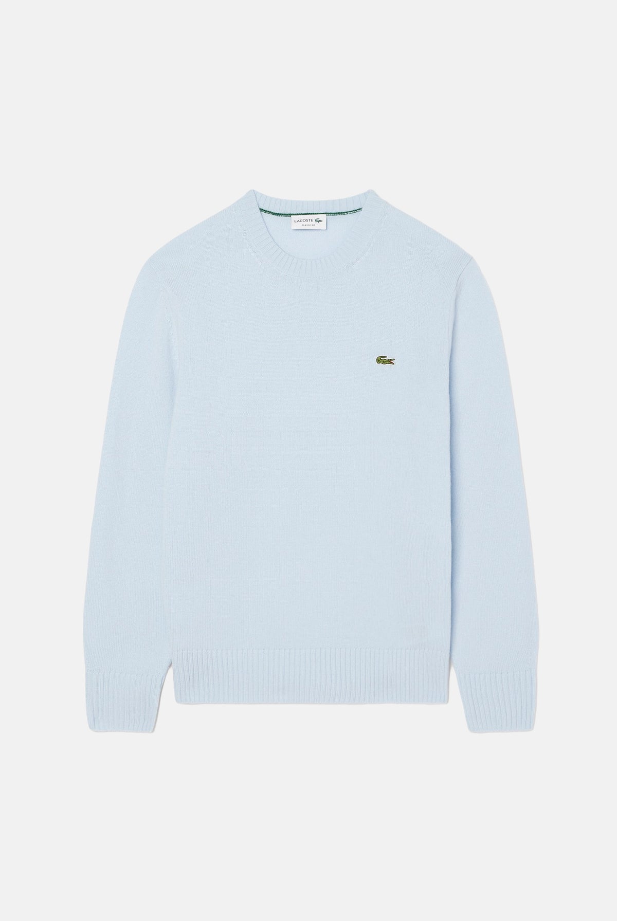 LACOSTE Maglione girocollo WOOL CREWNECK JUMPER celeste per uomo e donna con logo iconico ricamato. AH2916 T01 LACOSTE