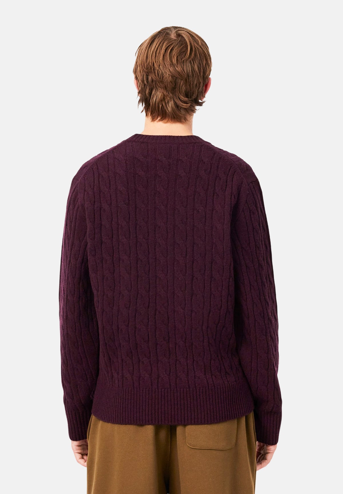 LACOSTE Maglia girocollo CABLE KNIT JUMPER bordeaux per uomo e donna in cotone lavorato a trecce AH2924 3KE LACOSTE