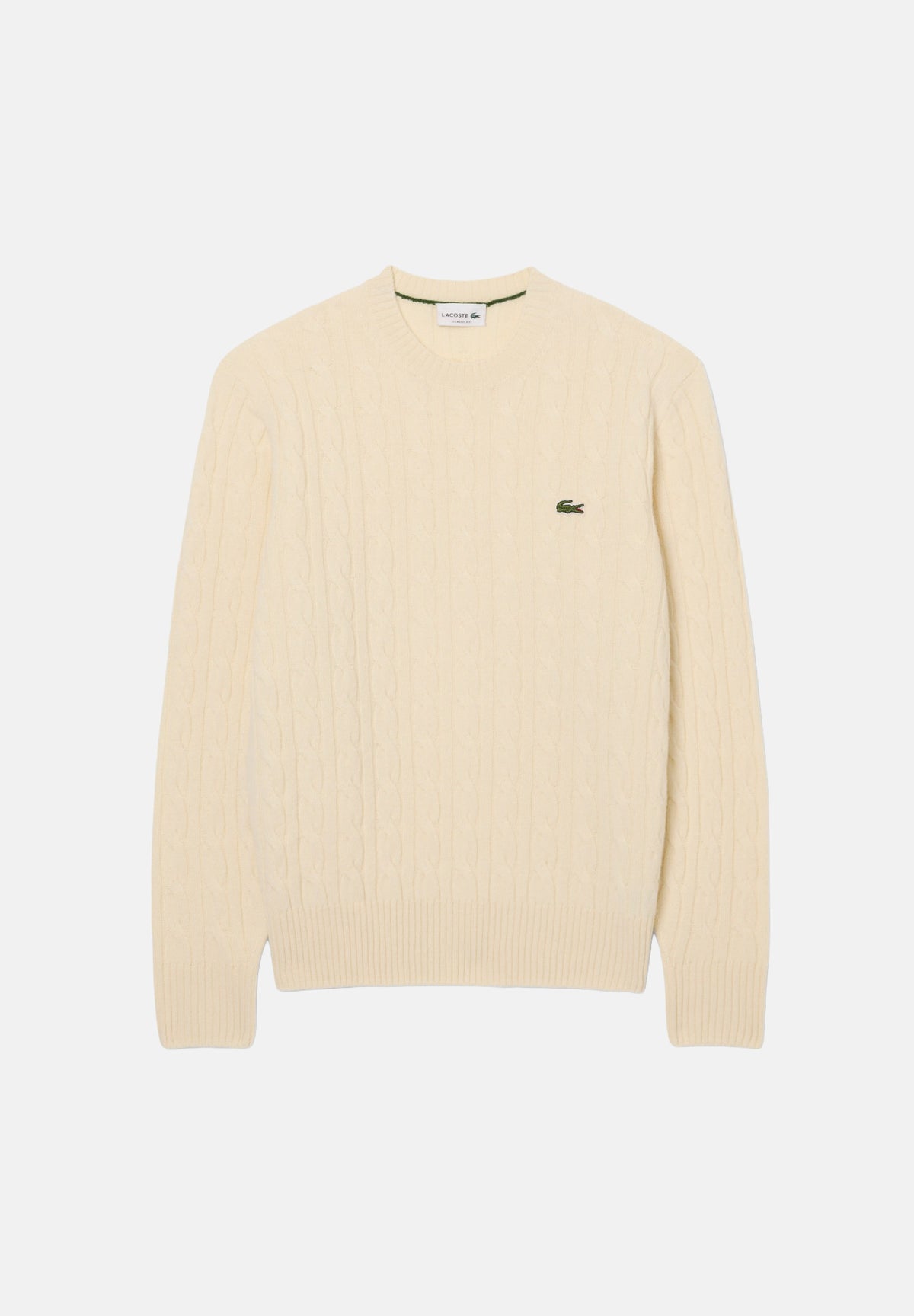 LACOSTE Maglia girocollo CABLE KNIT JUMPER vaniglia per uomo con lavorazione a trecce AH2924 XFJ LACOSTE