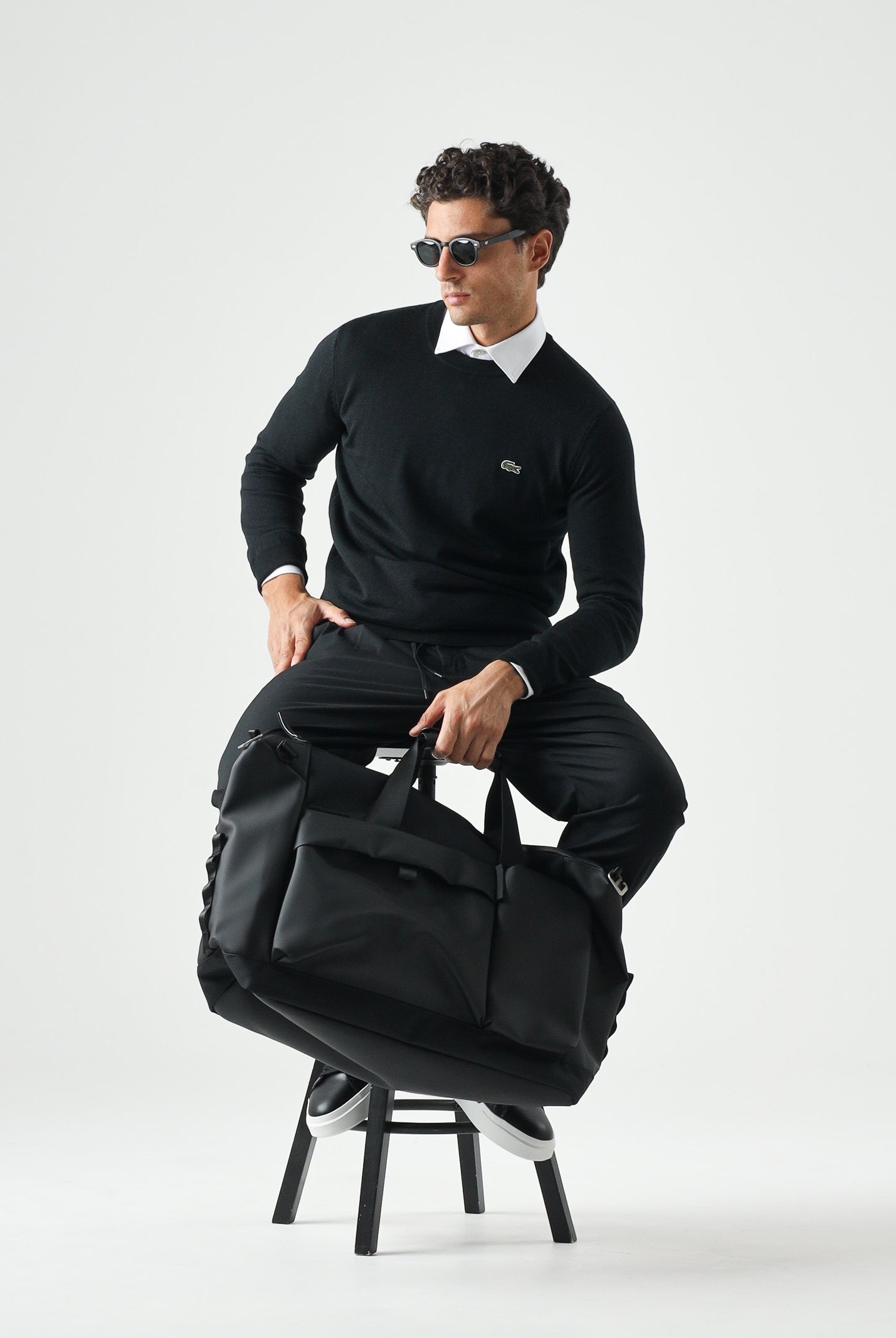 LACOSTE Pullover girocollo nero da uomo con logo laterale coccodrillo<BR/> AH3225 031 LACOSTE